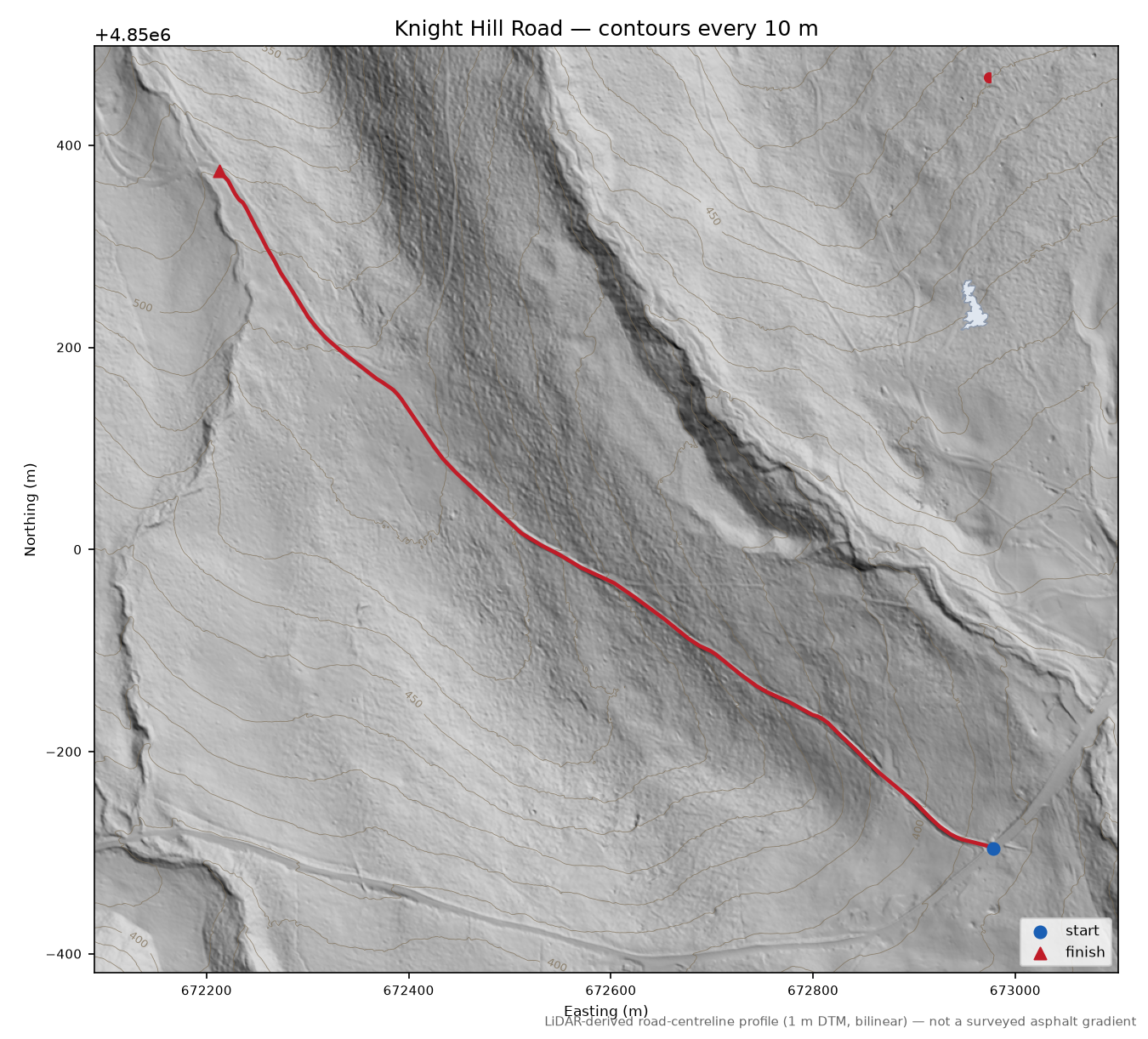Knight Hill Road LiDAR hillshade map with contours