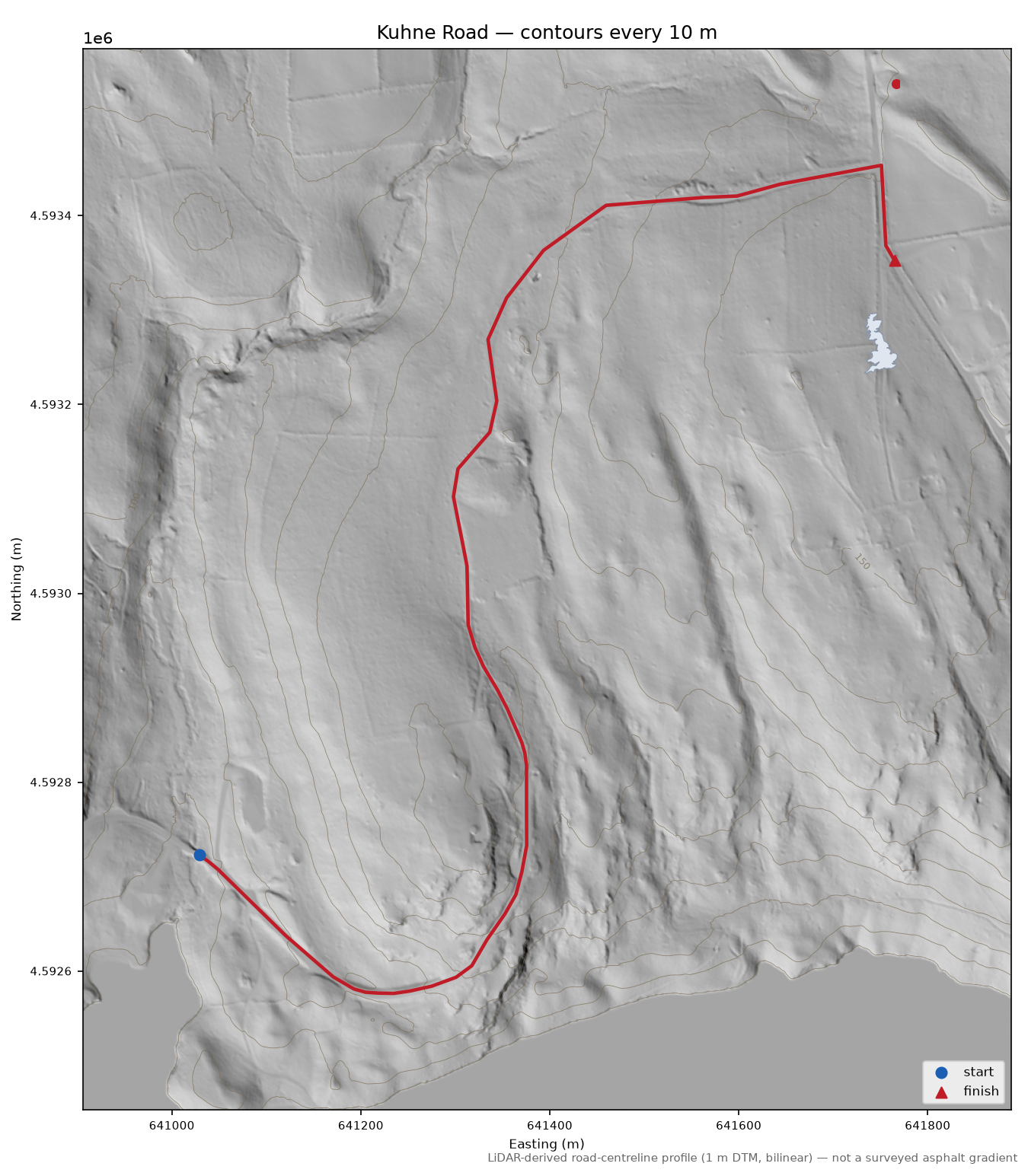 Kuhne Road LiDAR hillshade map with contours