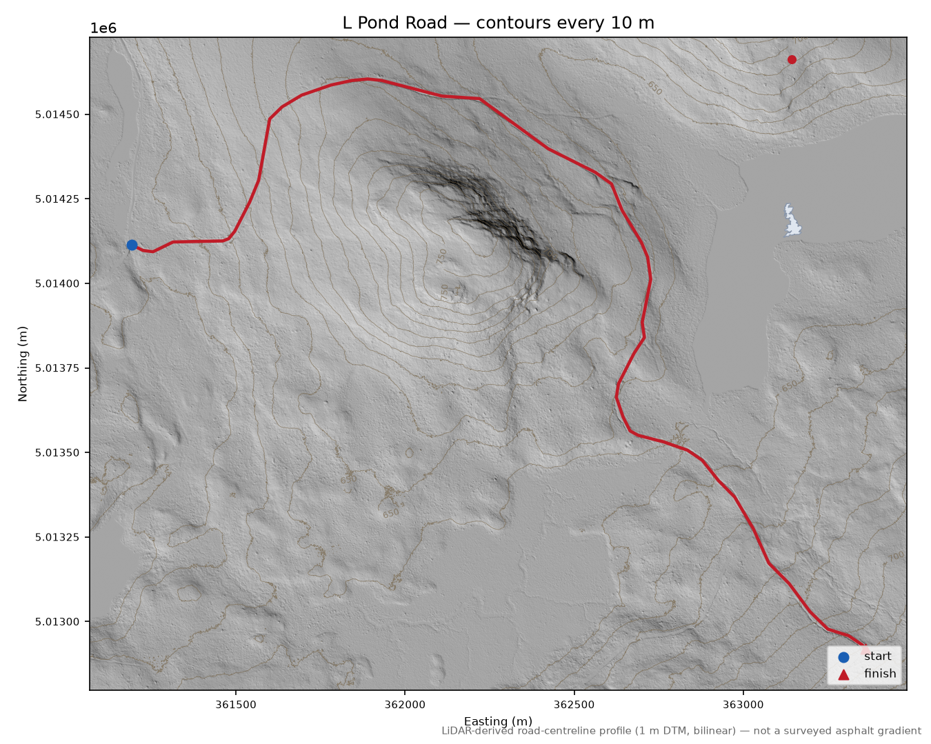 L Pond Road LiDAR hillshade map with contours