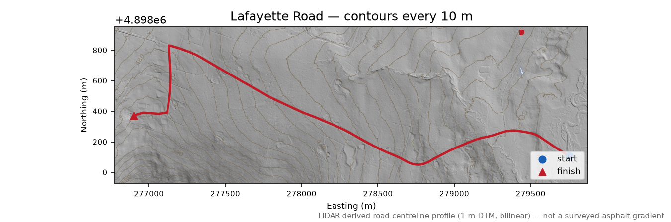 Lafayette Road LiDAR hillshade map with contours