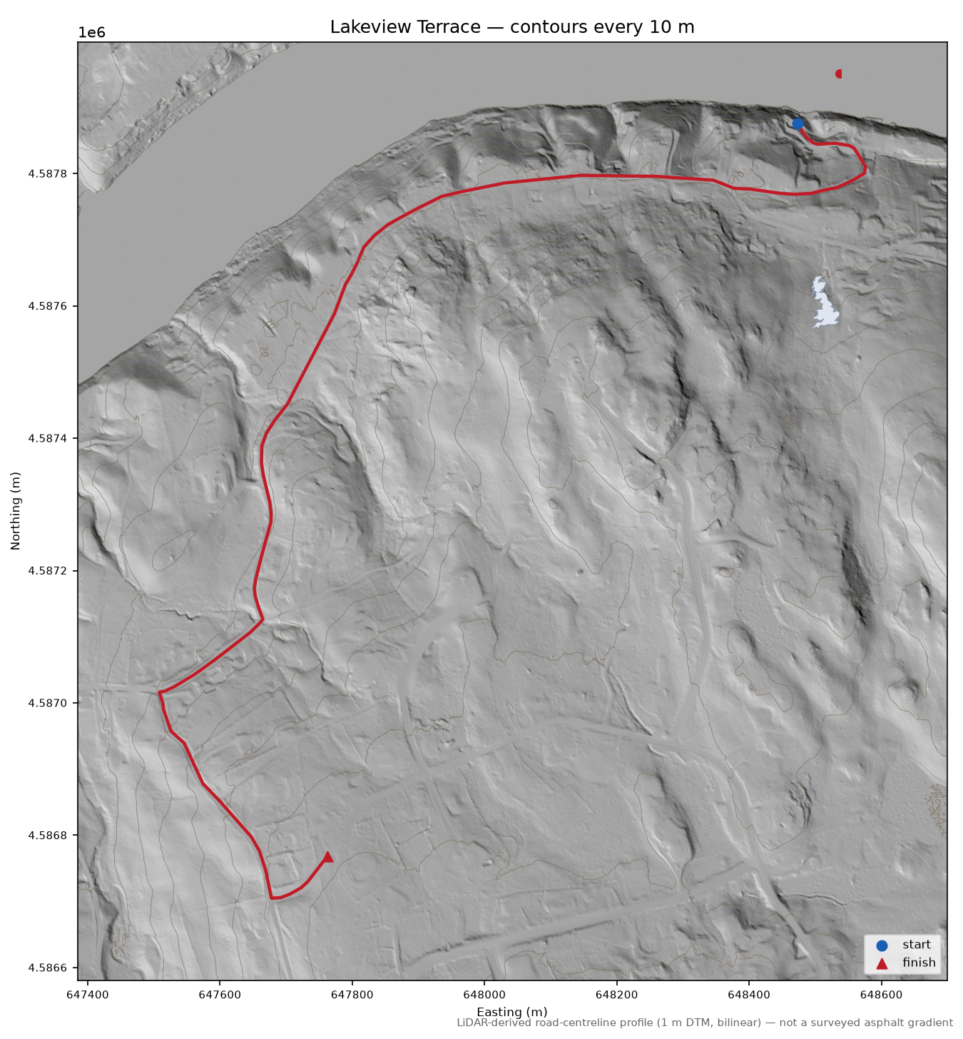 Lakeview Terrace LiDAR hillshade map with contours