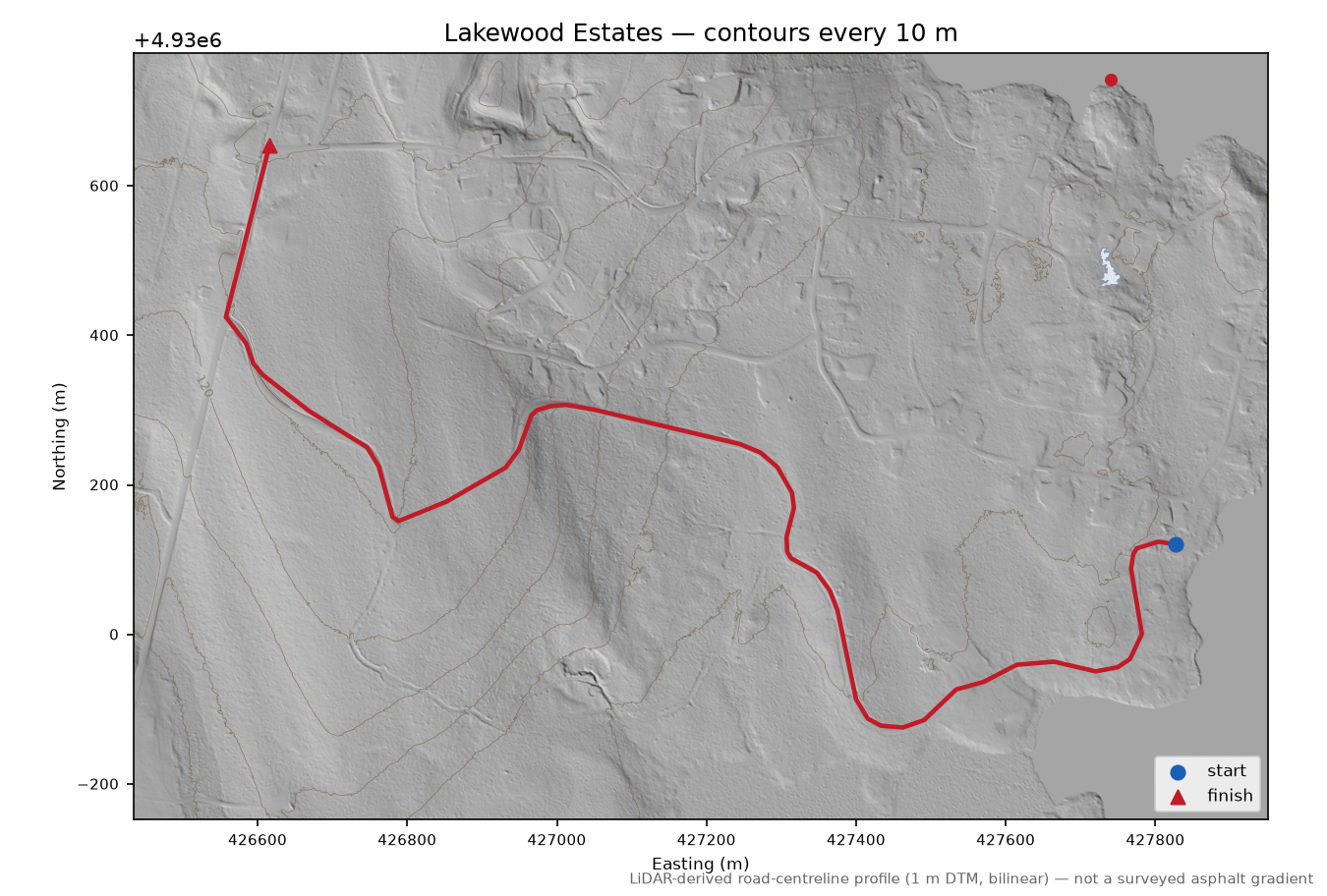 Lakewood Estates LiDAR hillshade map with contours