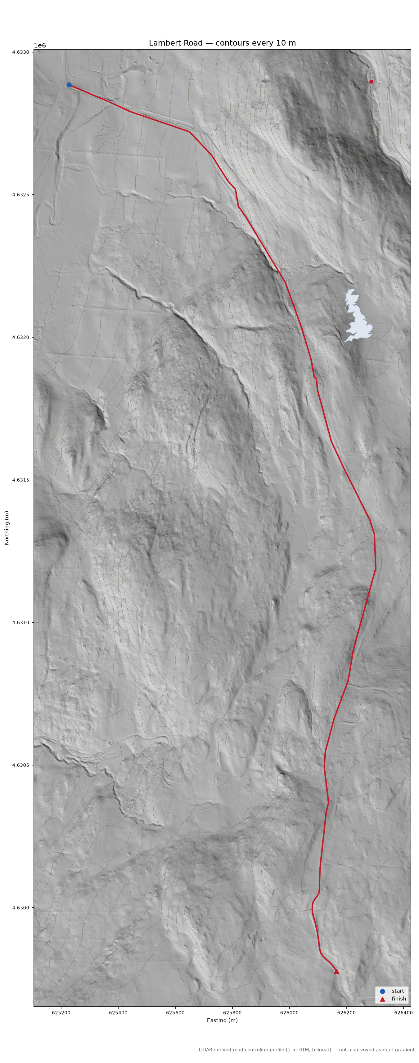Lambert Road LiDAR hillshade map with contours