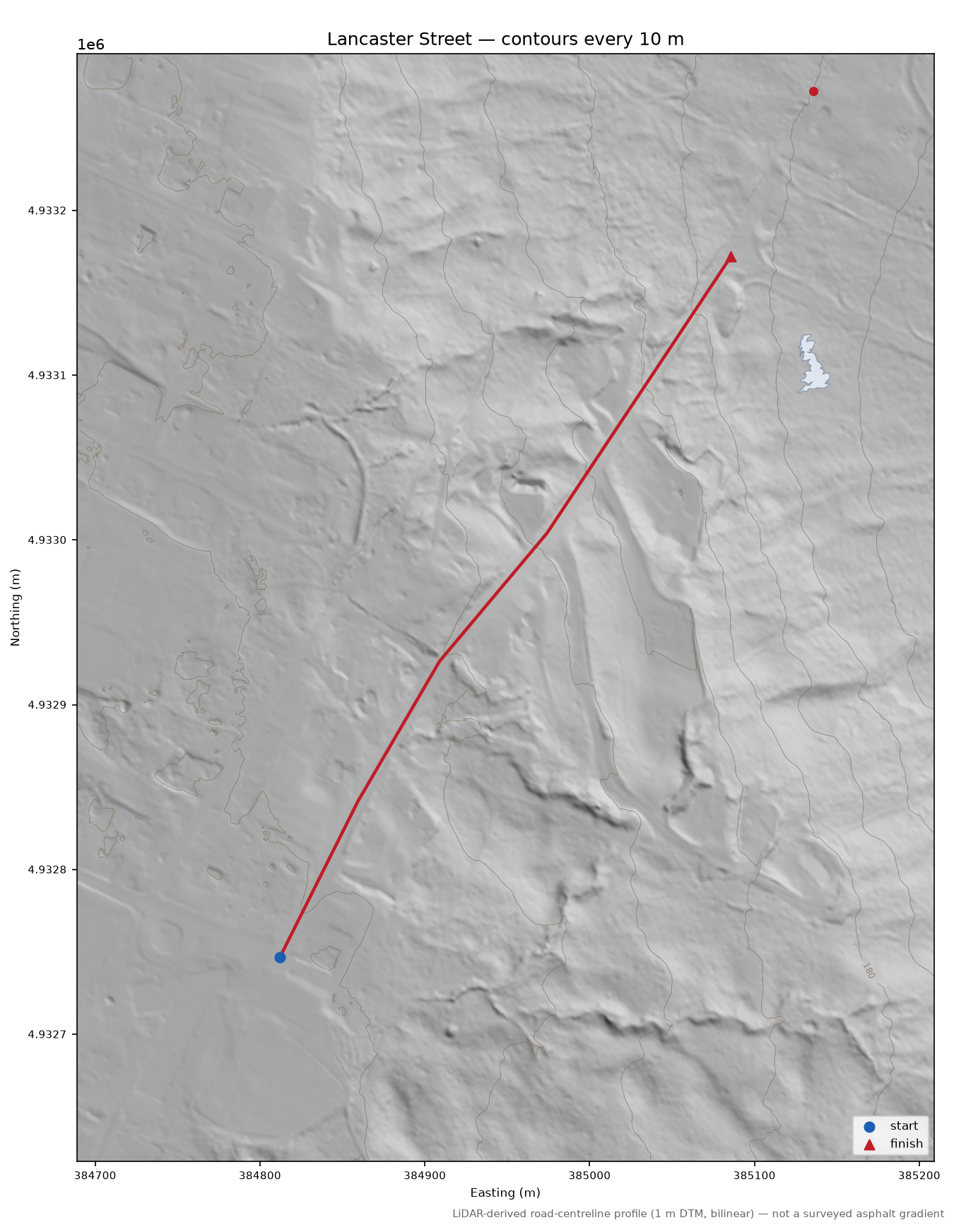 Lancaster Street LiDAR hillshade map with contours