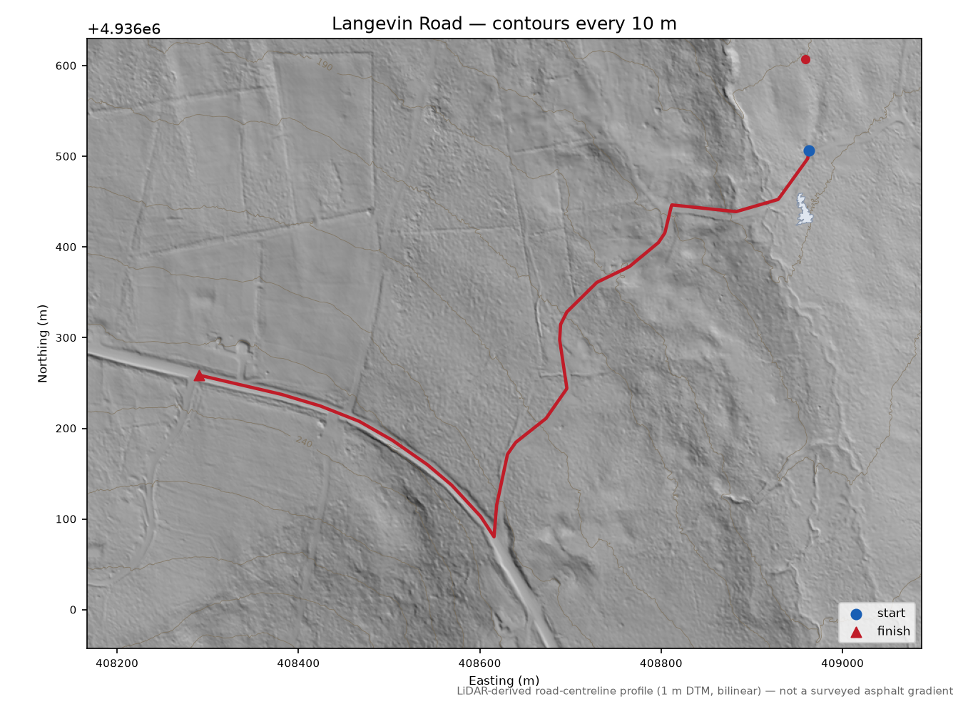 Langevin Road LiDAR hillshade map with contours