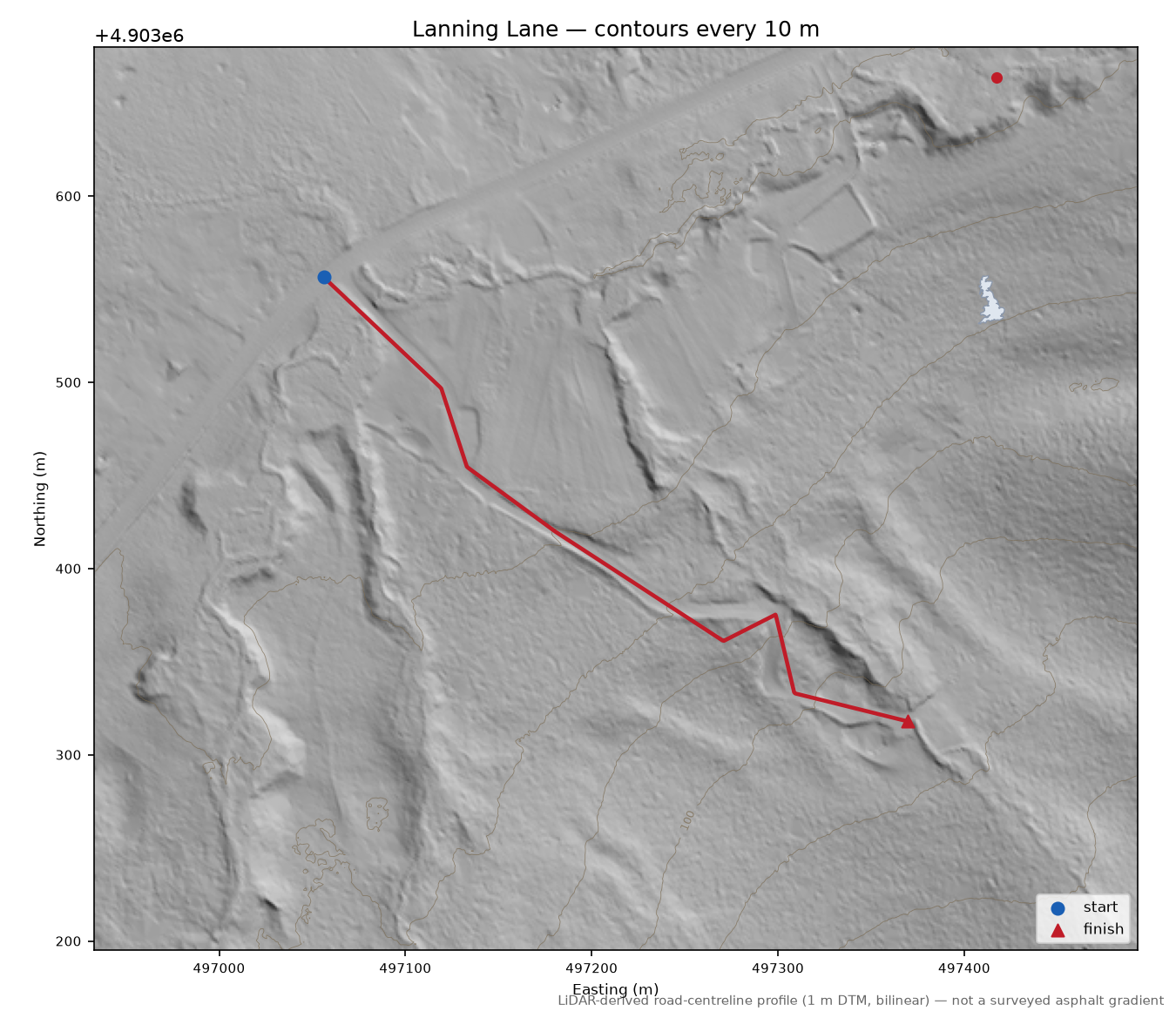 Lanning Lane LiDAR hillshade map with contours