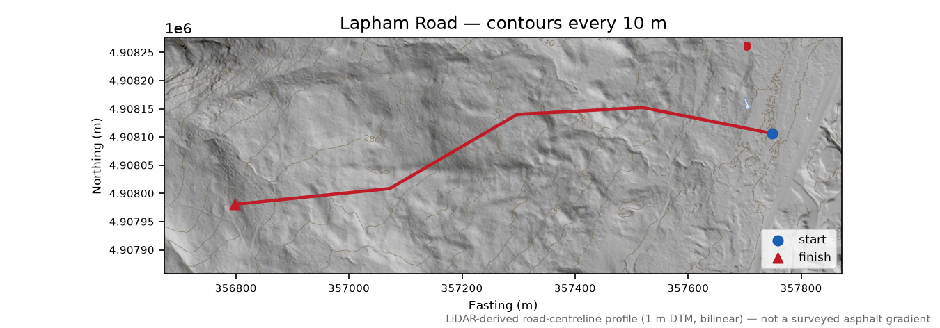 Lapham Road LiDAR hillshade map with contours