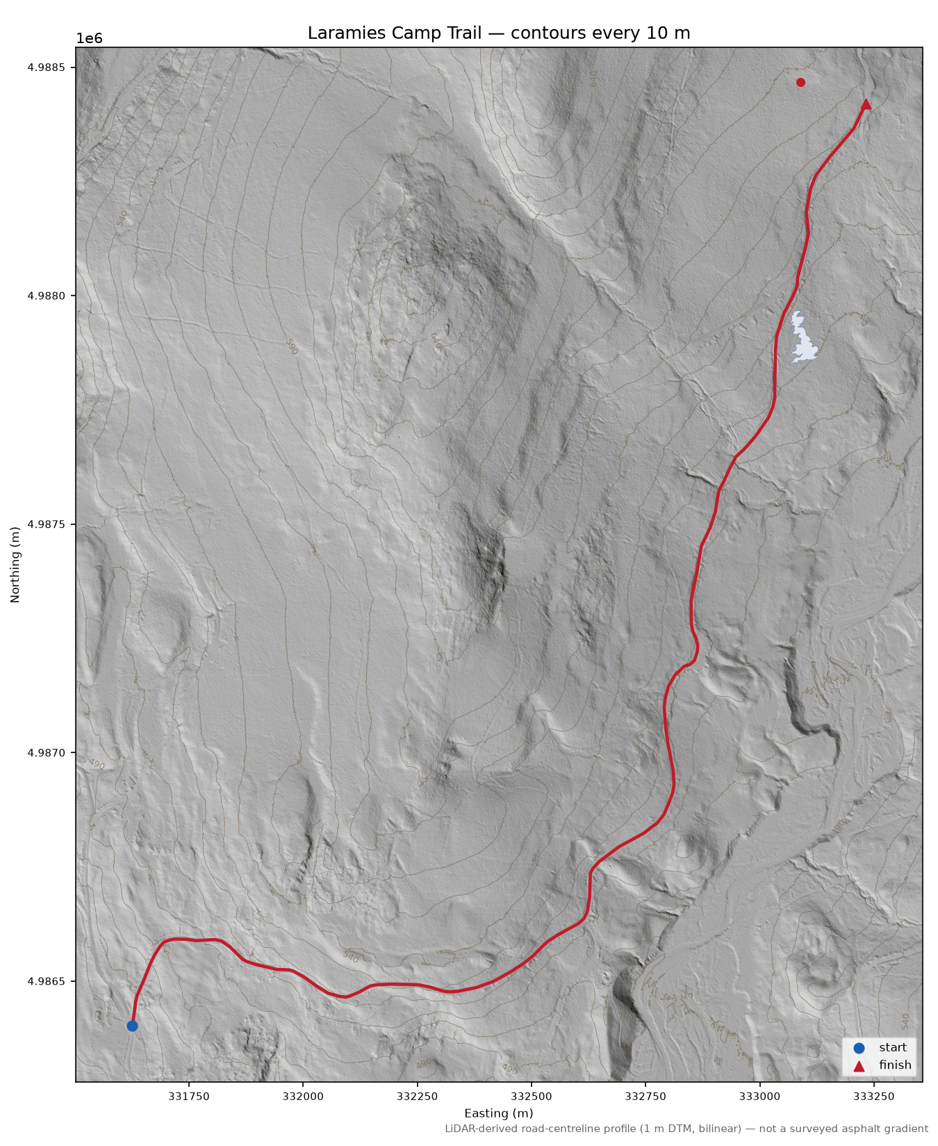 Laramies Camp Trail LiDAR hillshade map with contours
