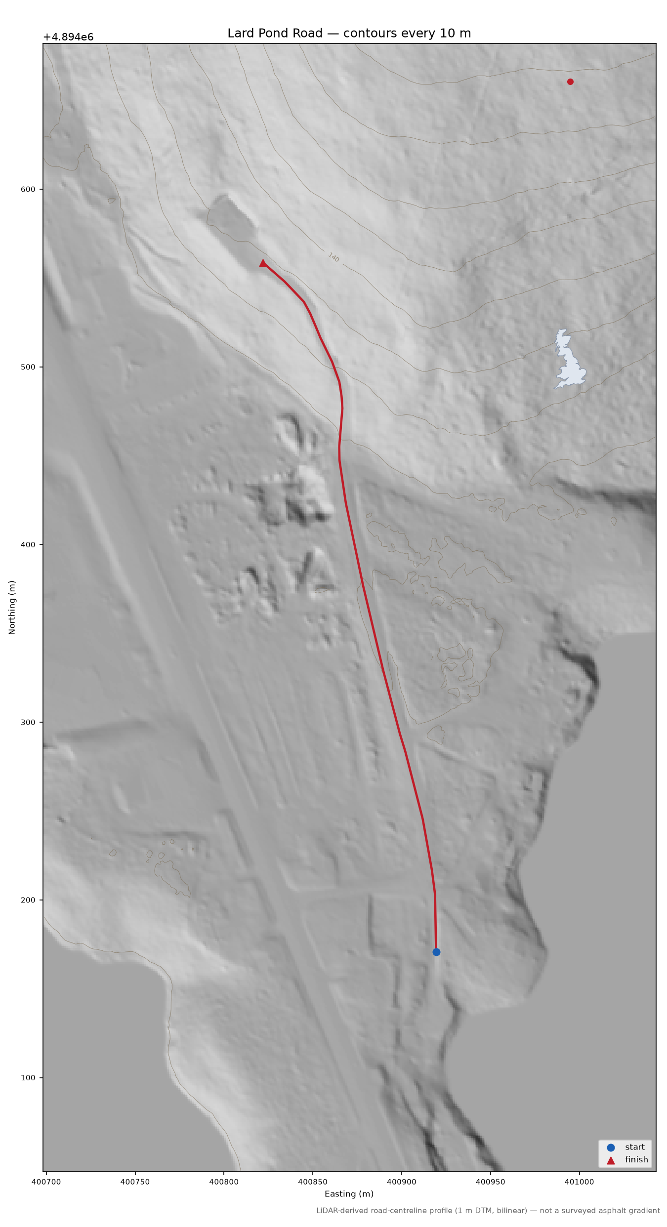 Lard Pond Road LiDAR hillshade map with contours