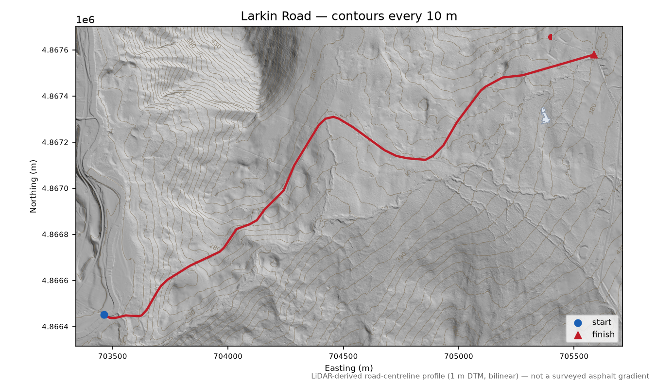 Larkin Road LiDAR hillshade map with contours