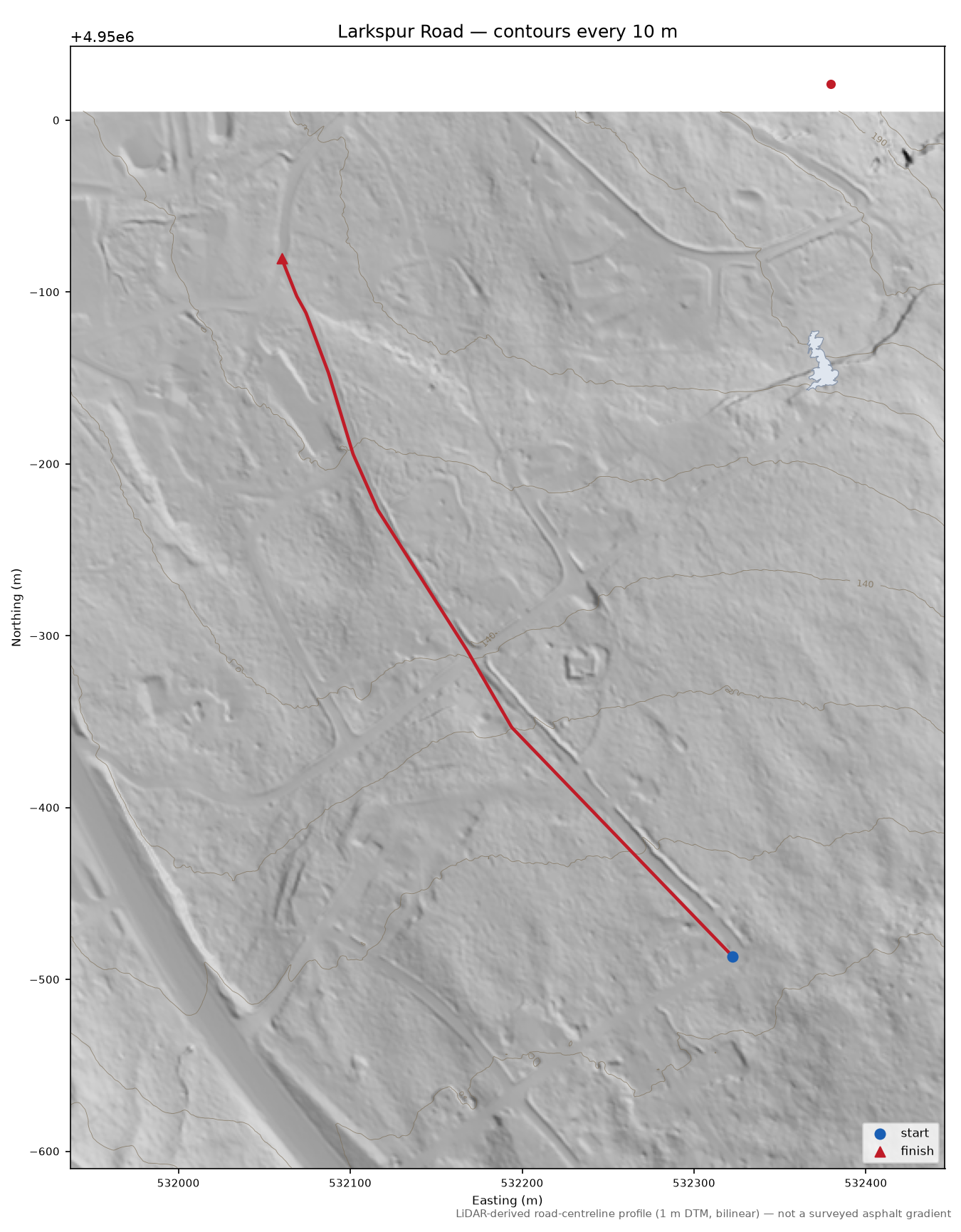 Larkspur Road LiDAR hillshade map with contours