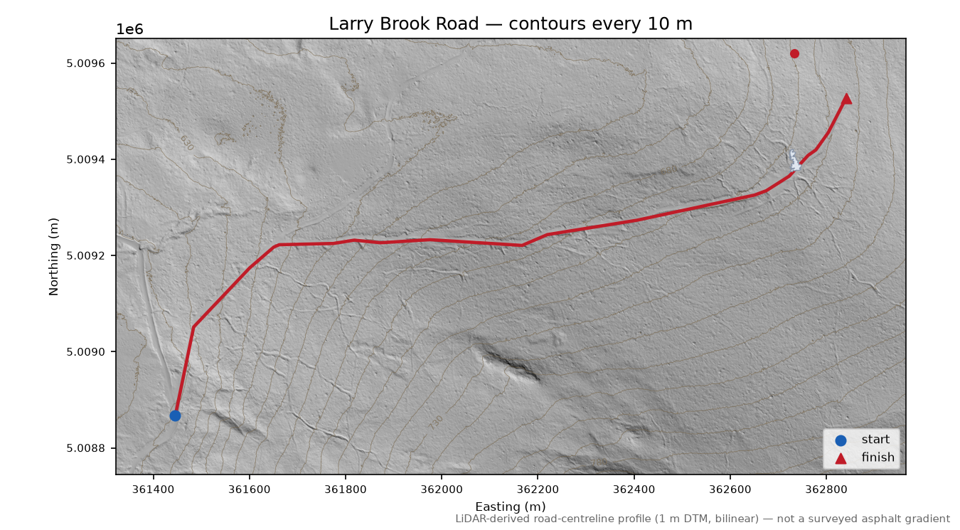 Larry Brook Road LiDAR hillshade map with contours