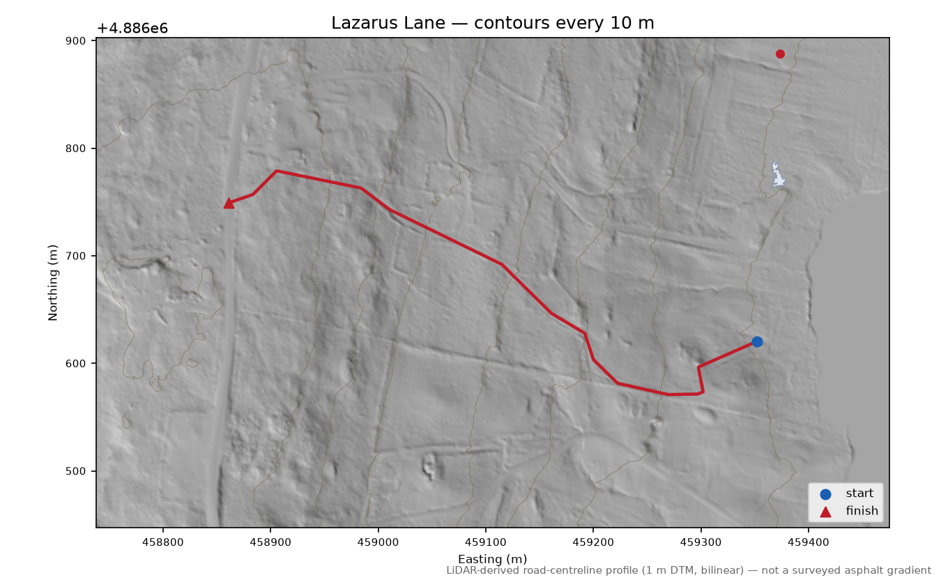 Lazarus Lane LiDAR hillshade map with contours