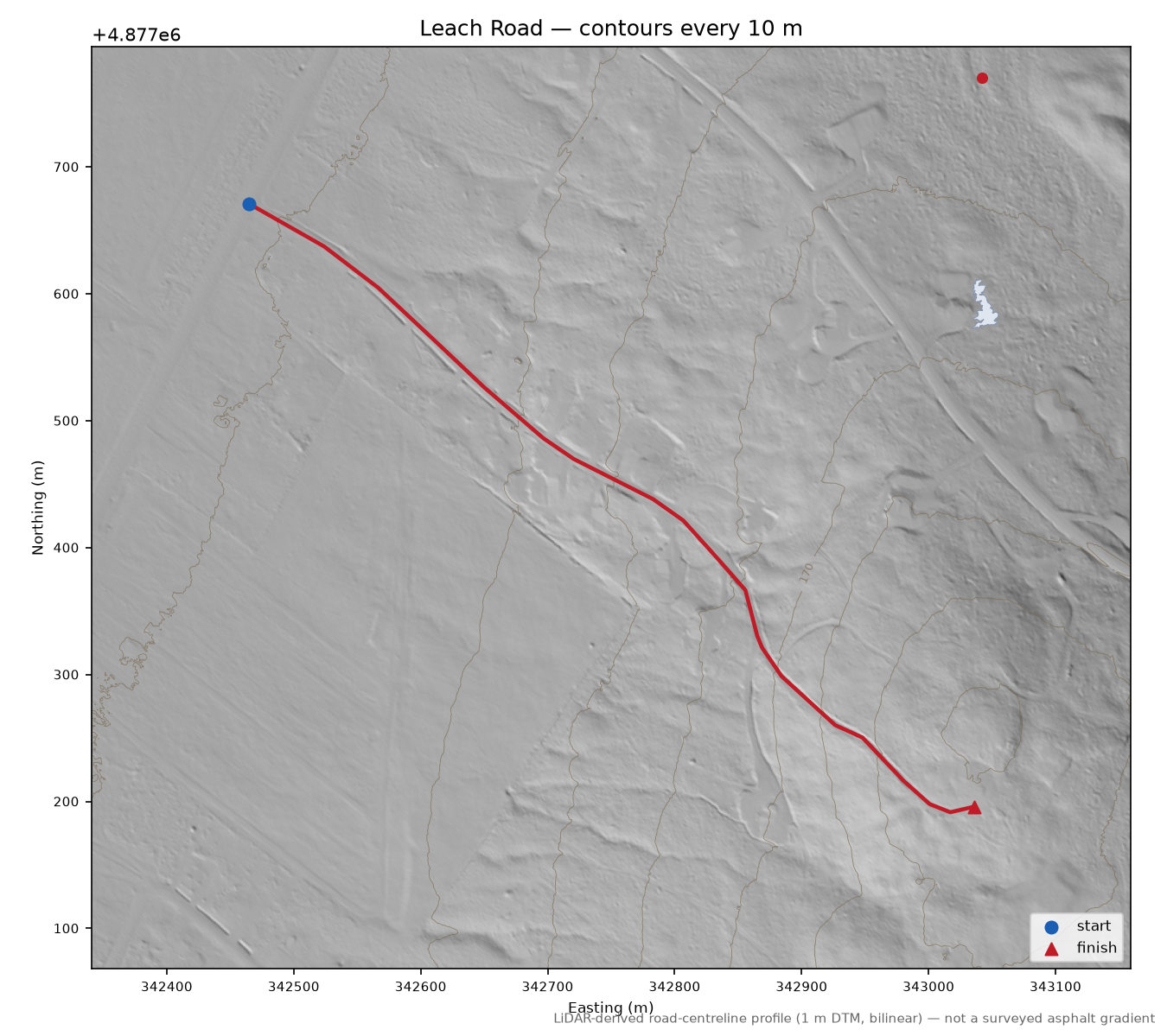 Leach Road LiDAR hillshade map with contours