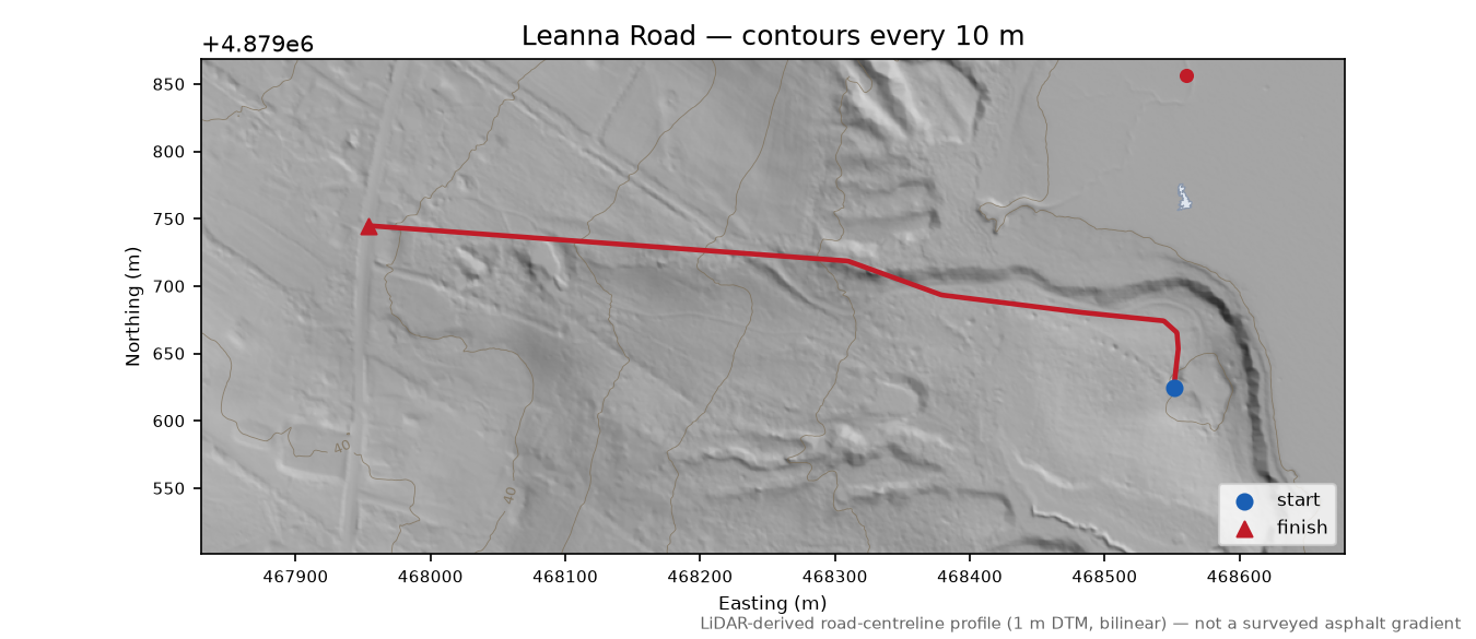 Leanna Road LiDAR hillshade map with contours