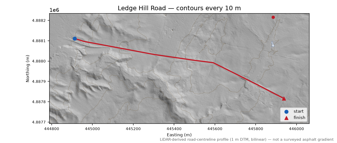 Ledge Hill Road LiDAR hillshade map with contours