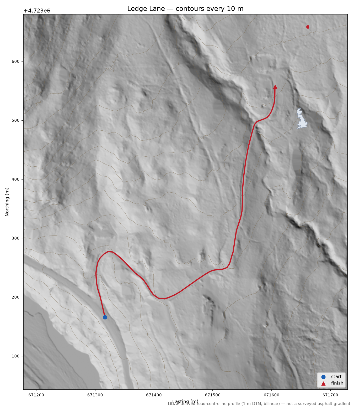 Ledge Lane LiDAR hillshade map with contours
