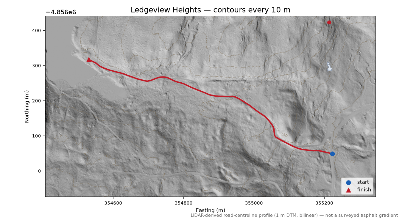 Ledgeview Heights LiDAR hillshade map with contours