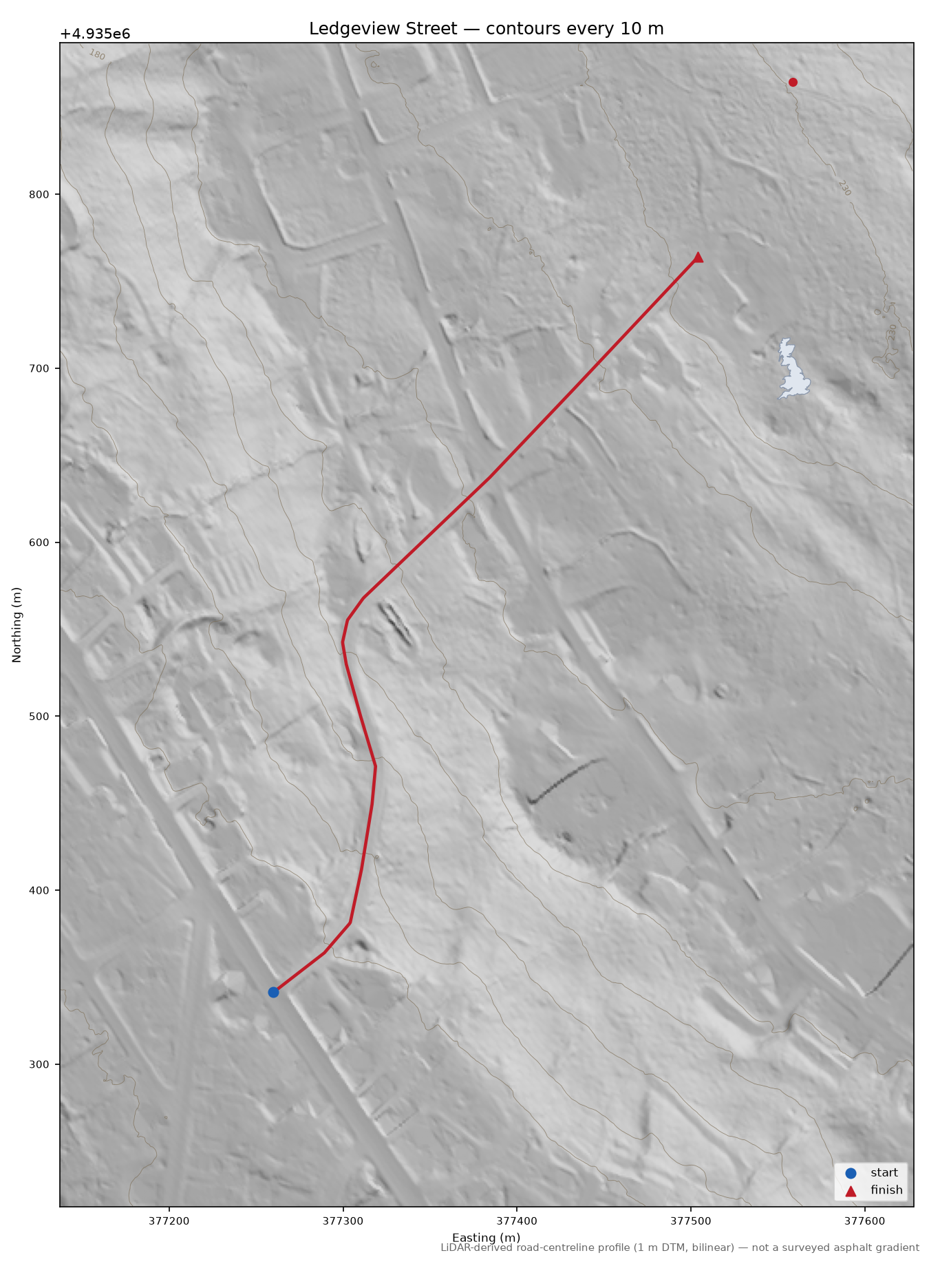 Ledgeview Street LiDAR hillshade map with contours
