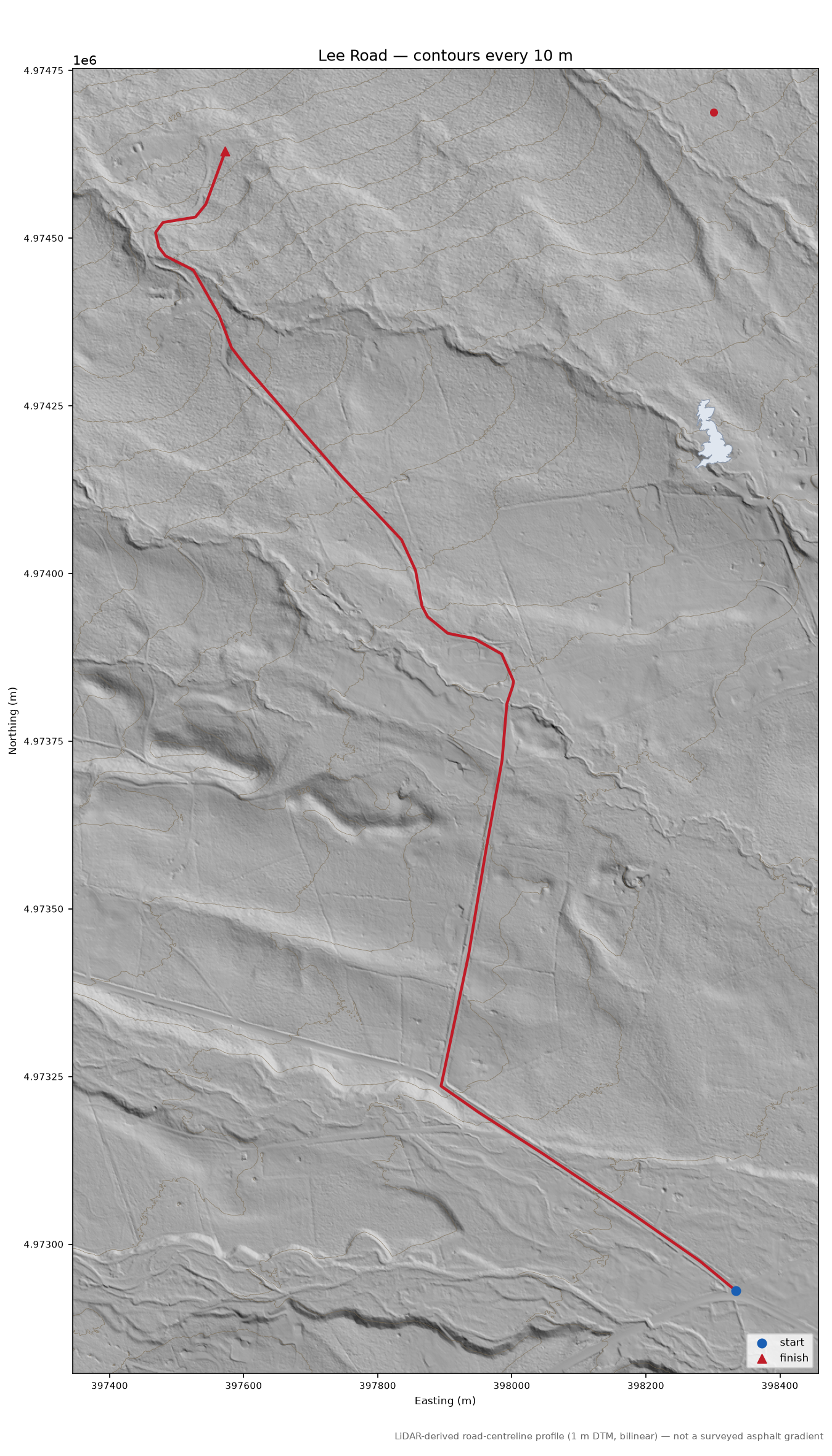 Lee Road LiDAR hillshade map with contours