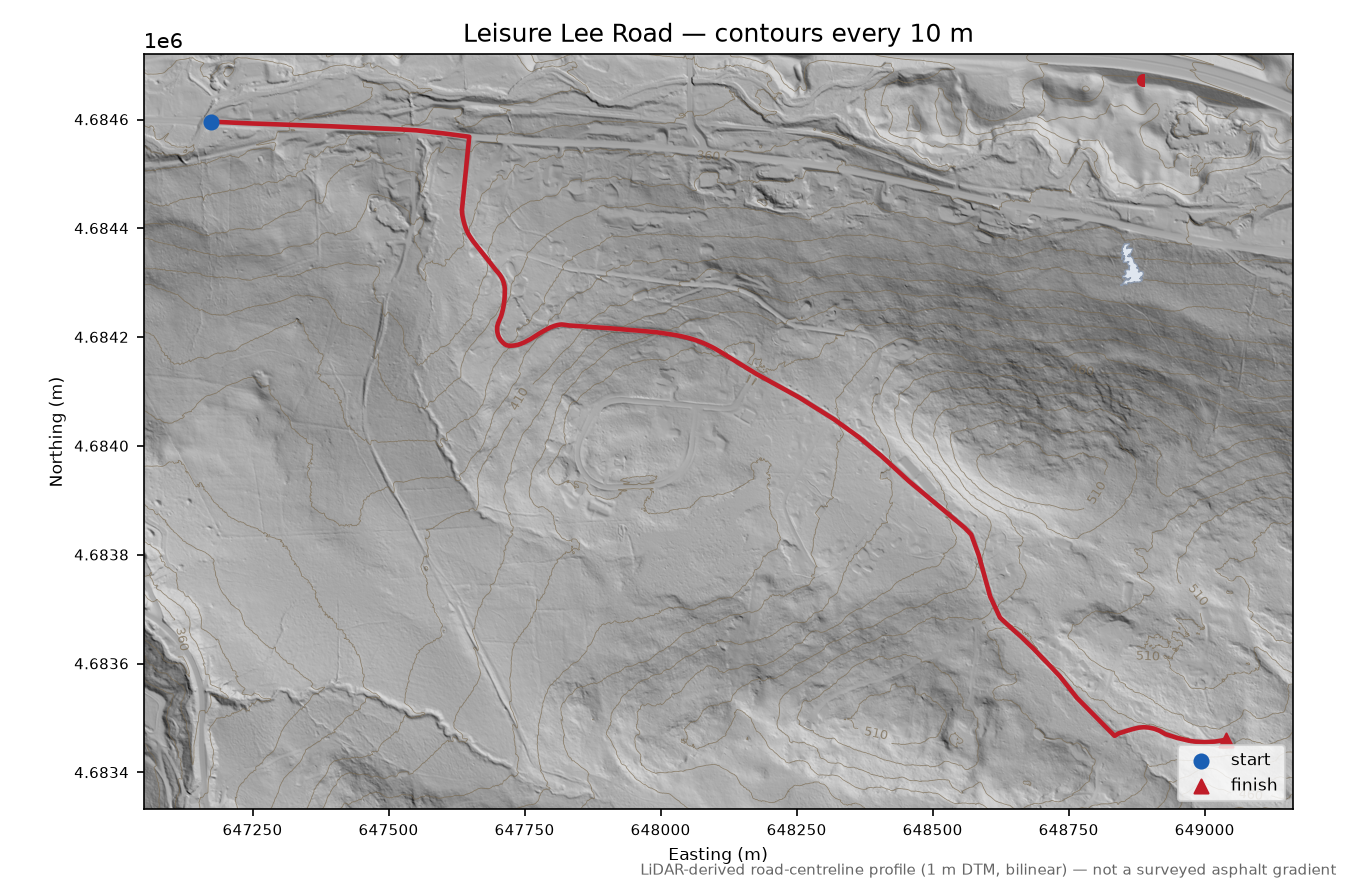 Leisure Lee Road LiDAR hillshade map with contours