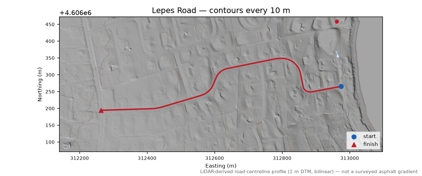 Lepes Road LiDAR hillshade map with contours
