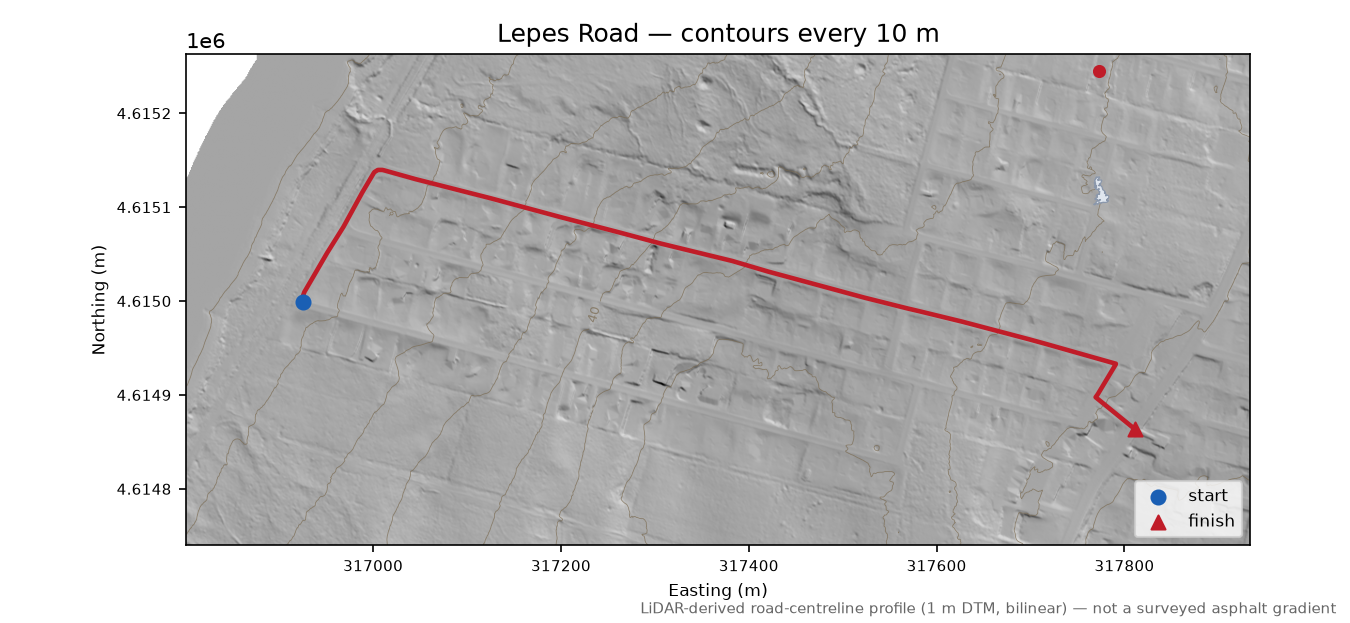 Lepes Road LiDAR hillshade map with contours