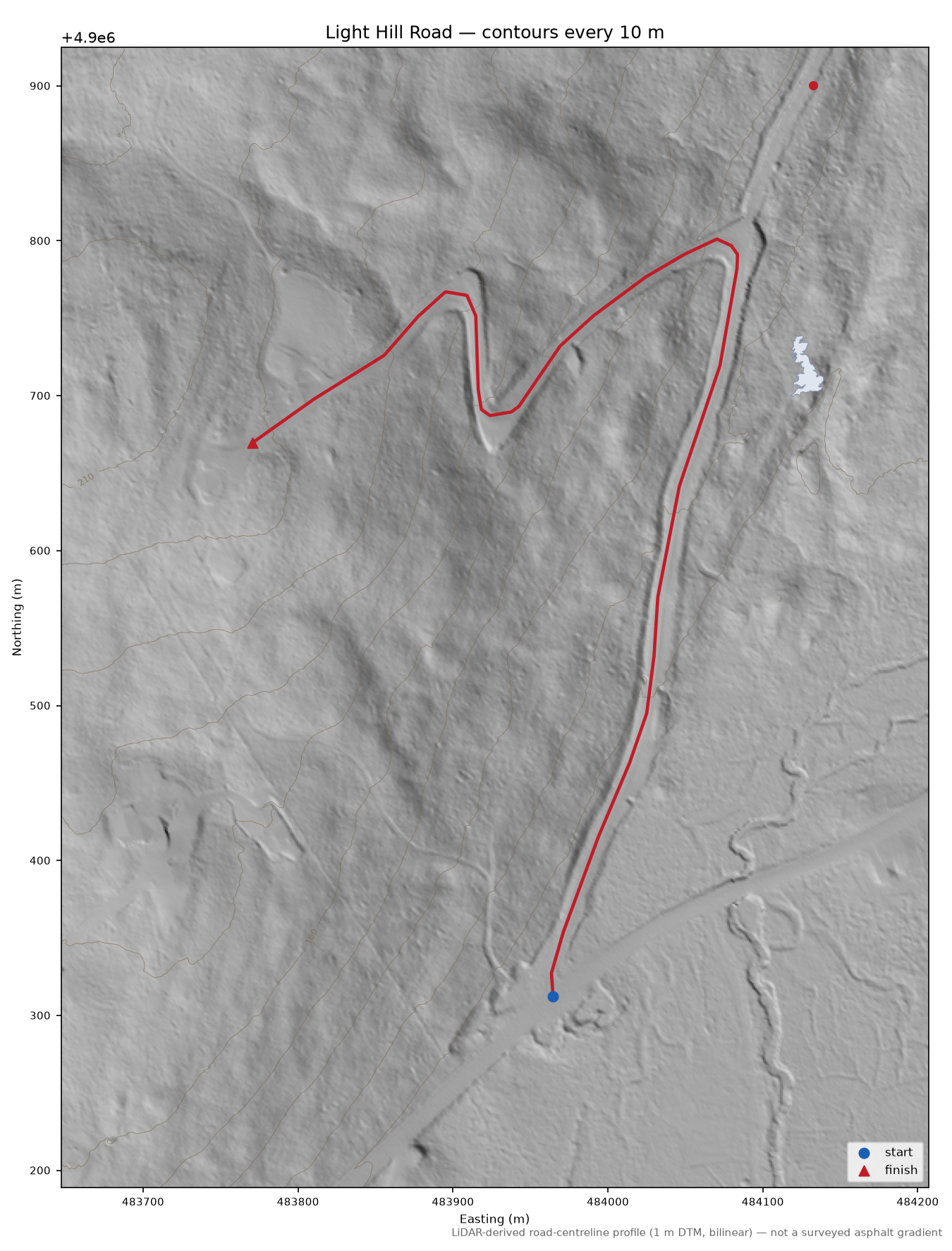 Light Hill Road LiDAR hillshade map with contours