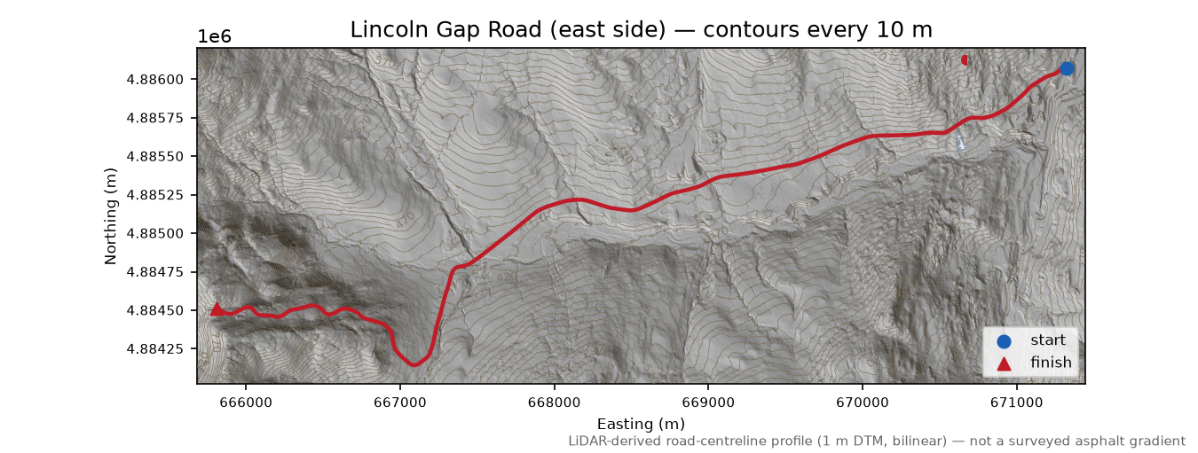 Lincoln Gap Road (east side) LiDAR hillshade map with contours