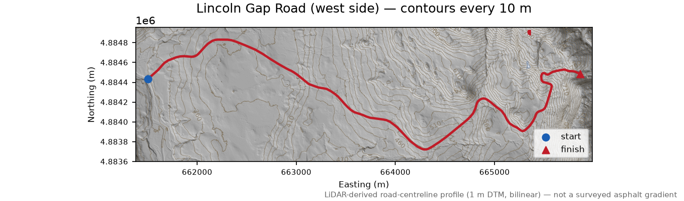 Lincoln Gap Road (west side) LiDAR hillshade map with contours