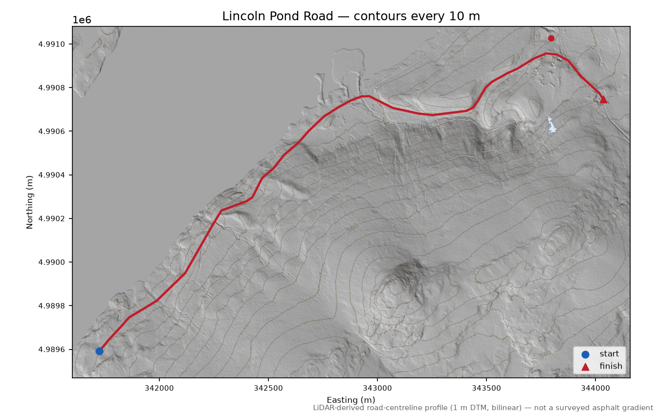 Lincoln Pond Road LiDAR hillshade map with contours