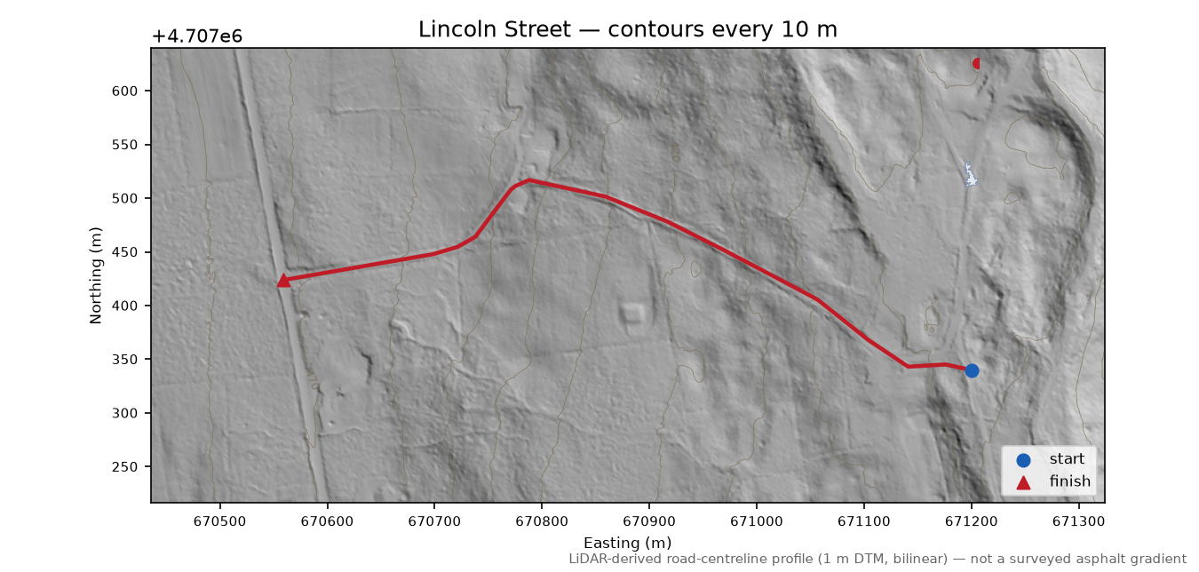 Lincoln Street LiDAR hillshade map with contours