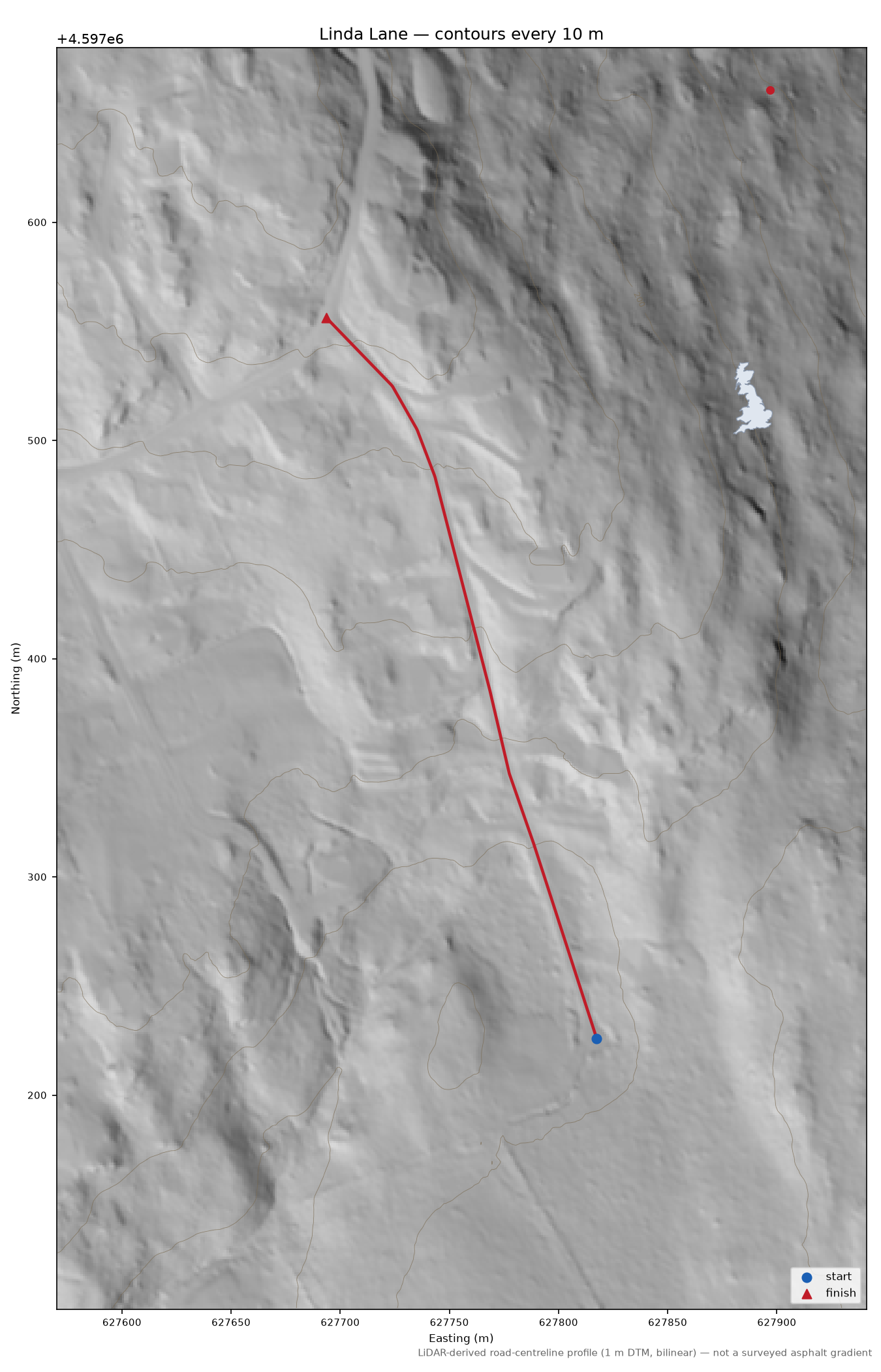 Linda Lane LiDAR hillshade map with contours