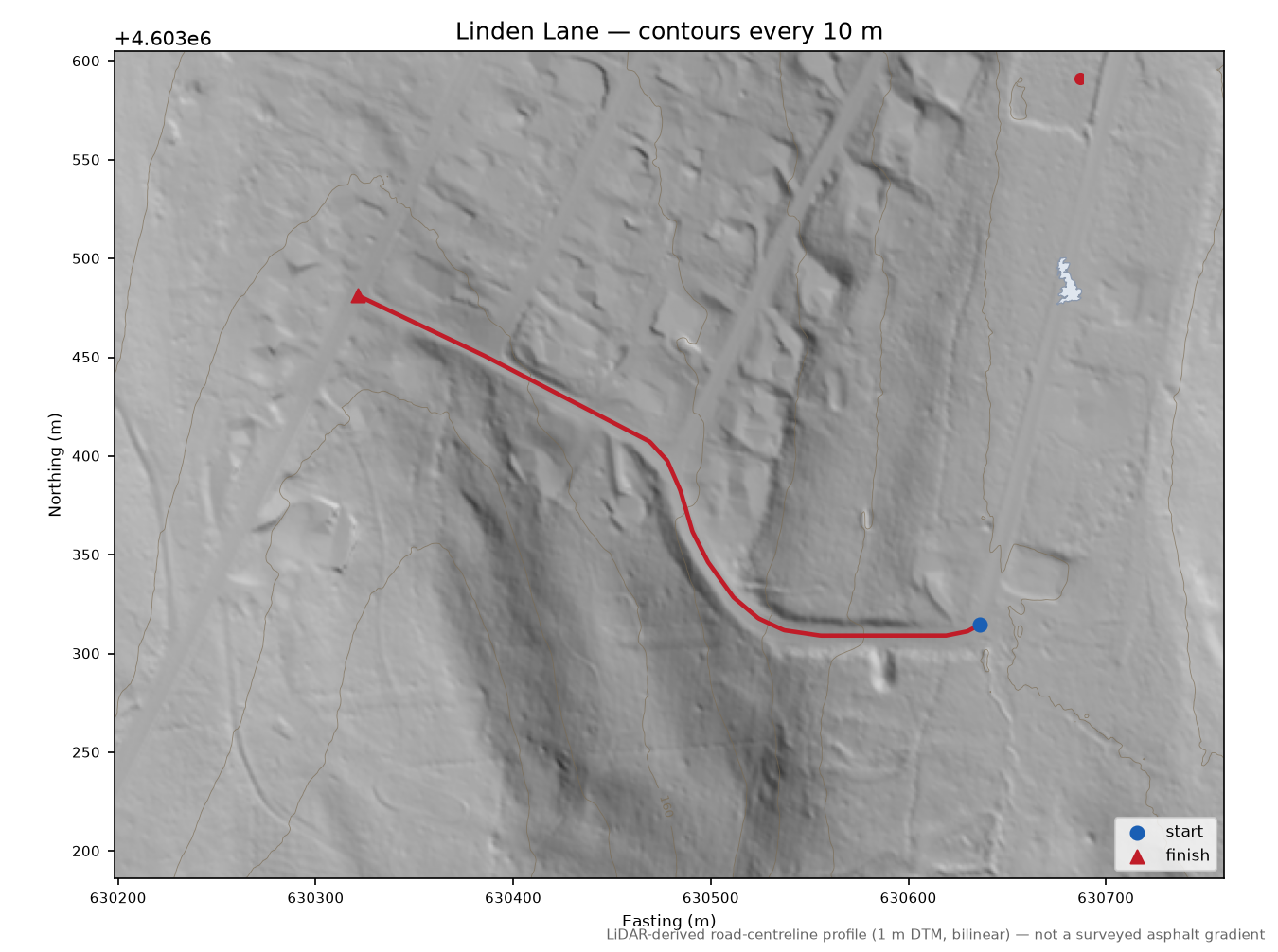 Linden Lane LiDAR hillshade map with contours