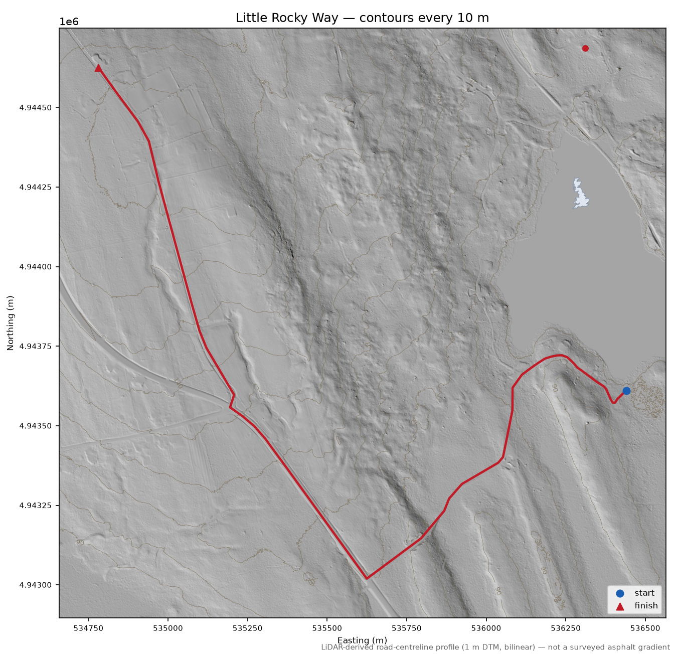 Little Rocky Way LiDAR hillshade map with contours