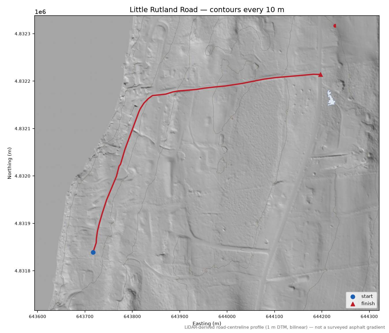 Little Rutland Road LiDAR hillshade map with contours