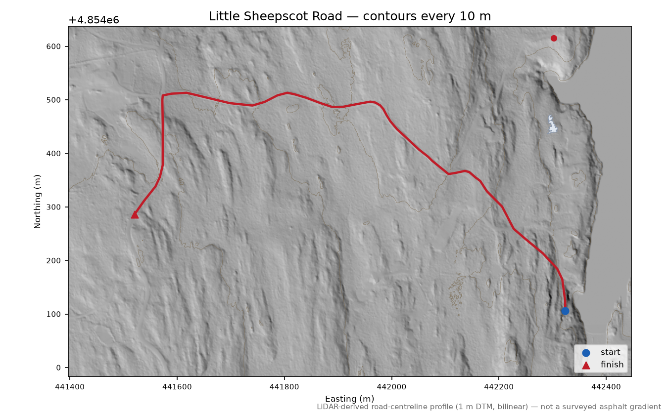 Little Sheepscot Road LiDAR hillshade map with contours