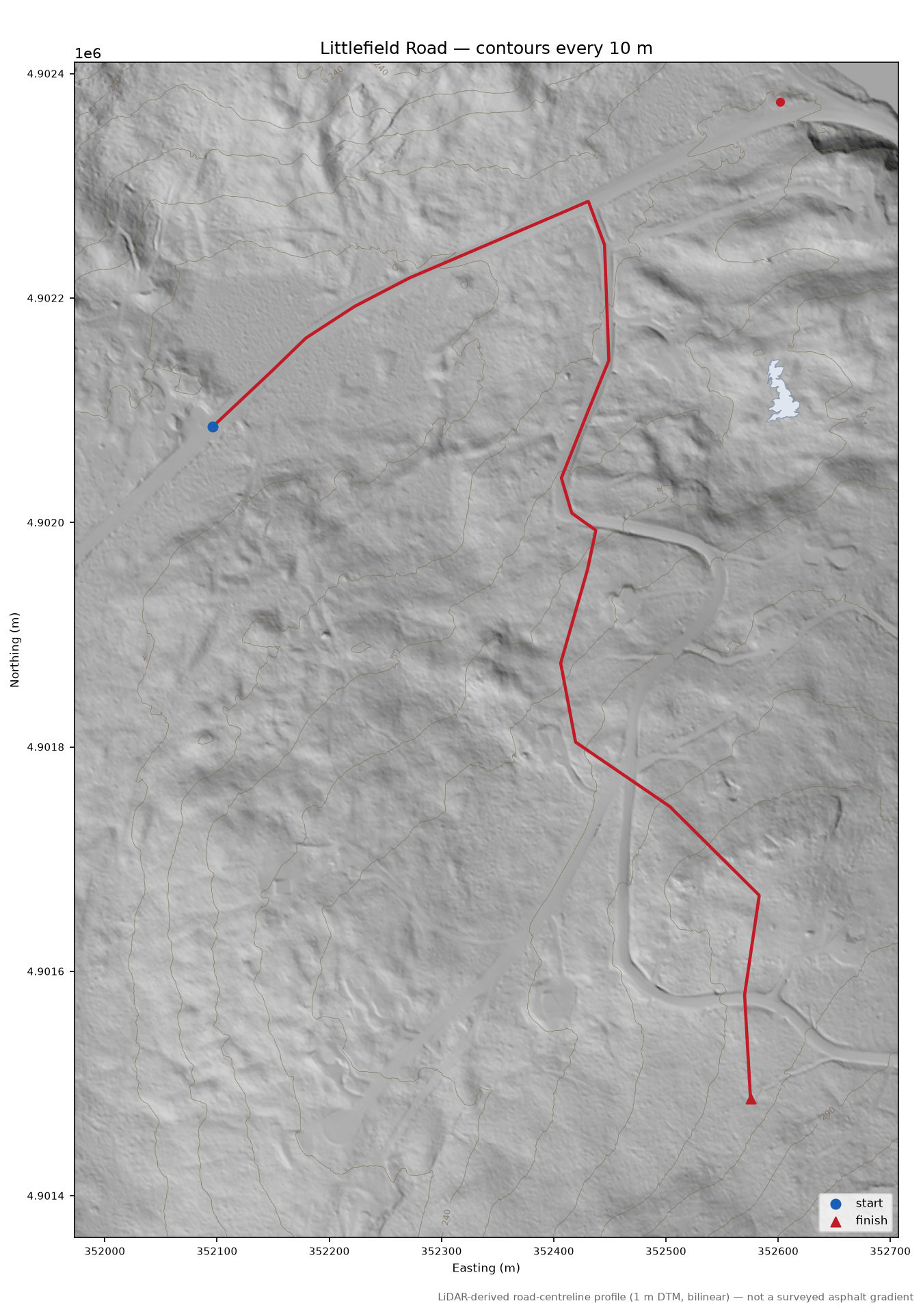 Littlefield Road LiDAR hillshade map with contours