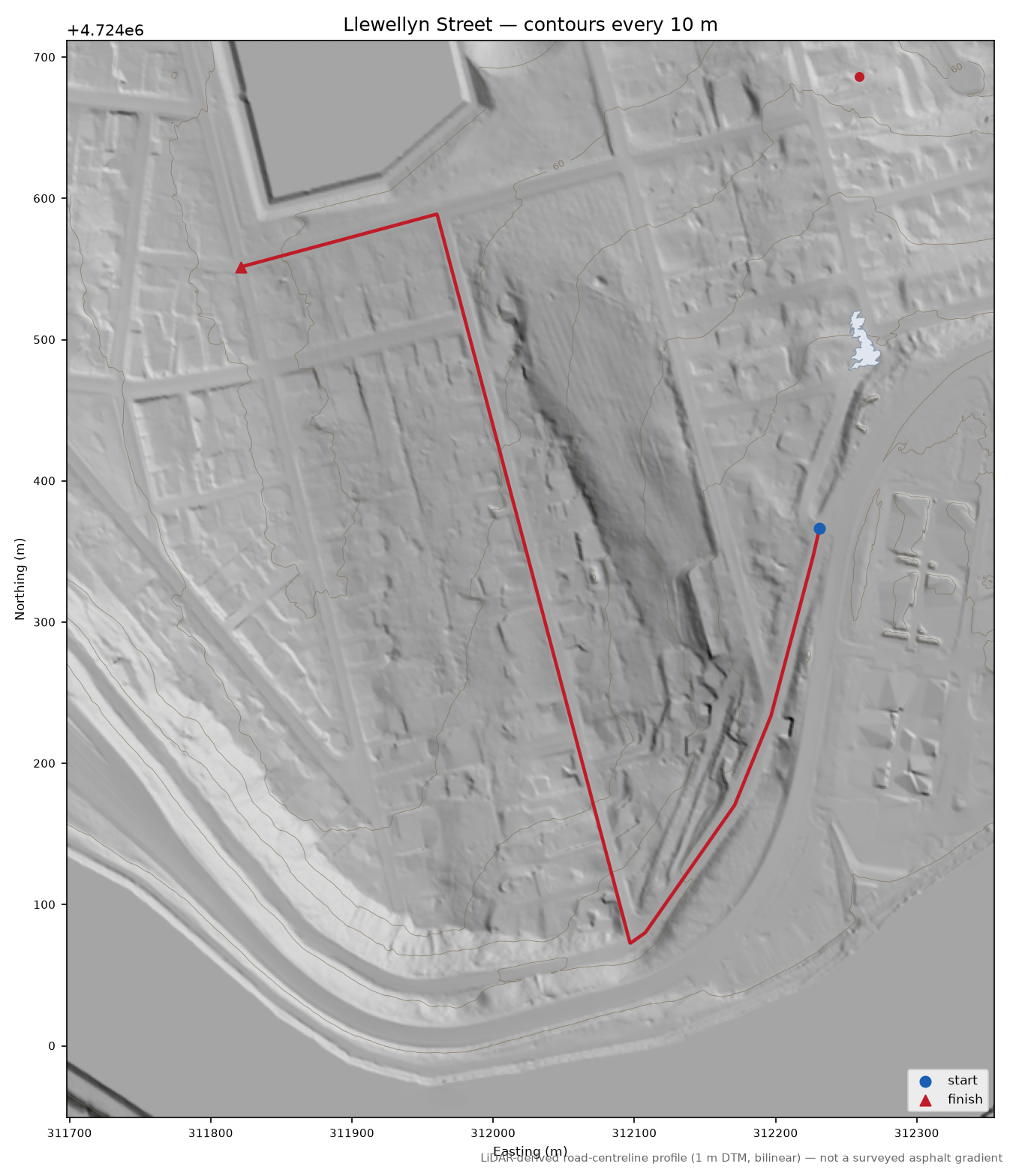 Llewellyn Street LiDAR hillshade map with contours