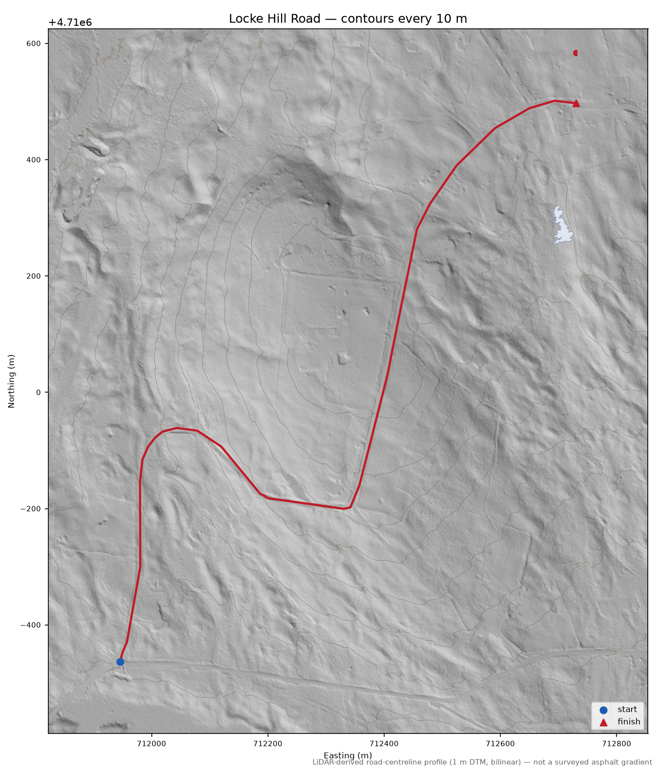 Locke Hill Road LiDAR hillshade map with contours