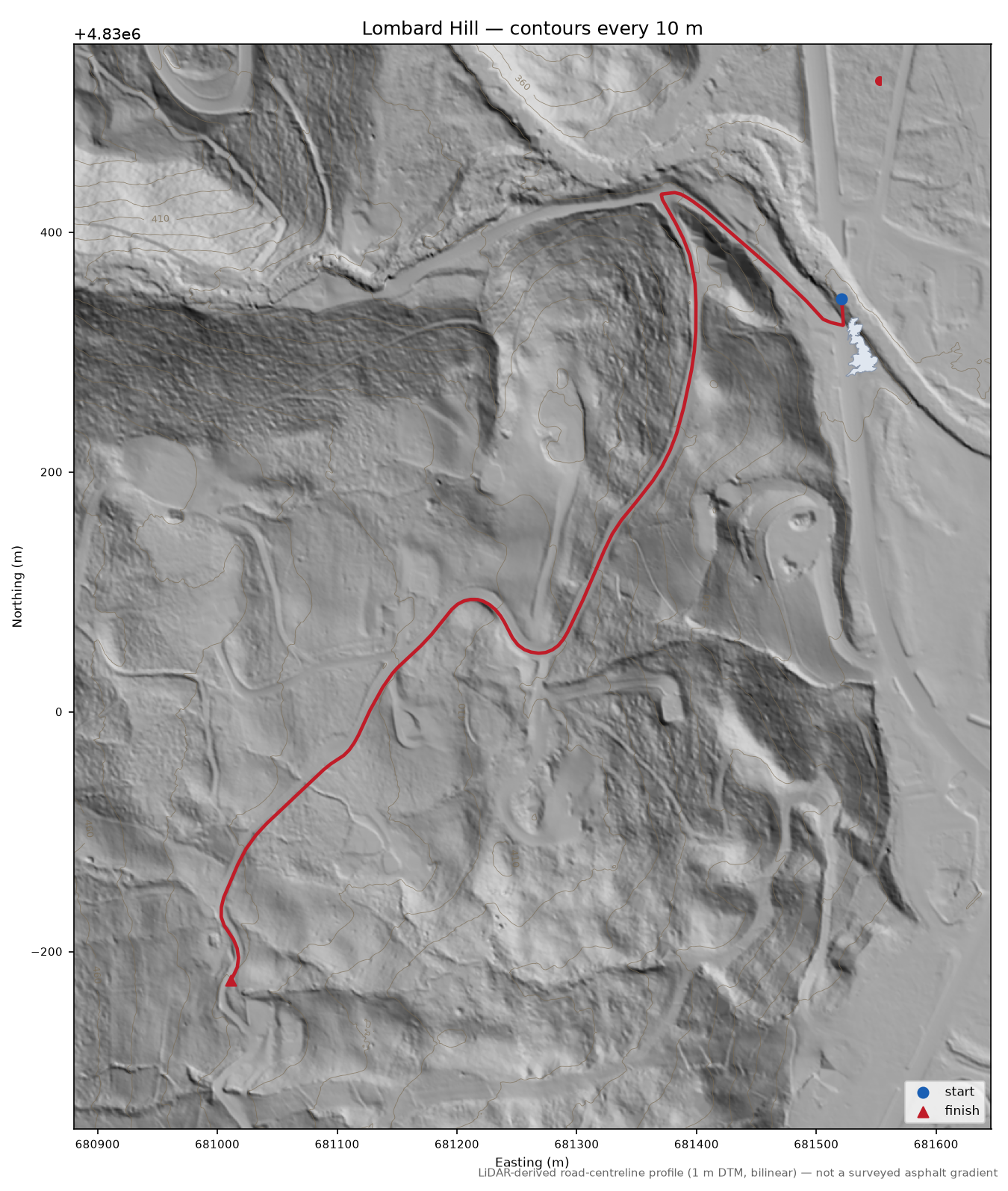 Lombard Hill LiDAR hillshade map with contours