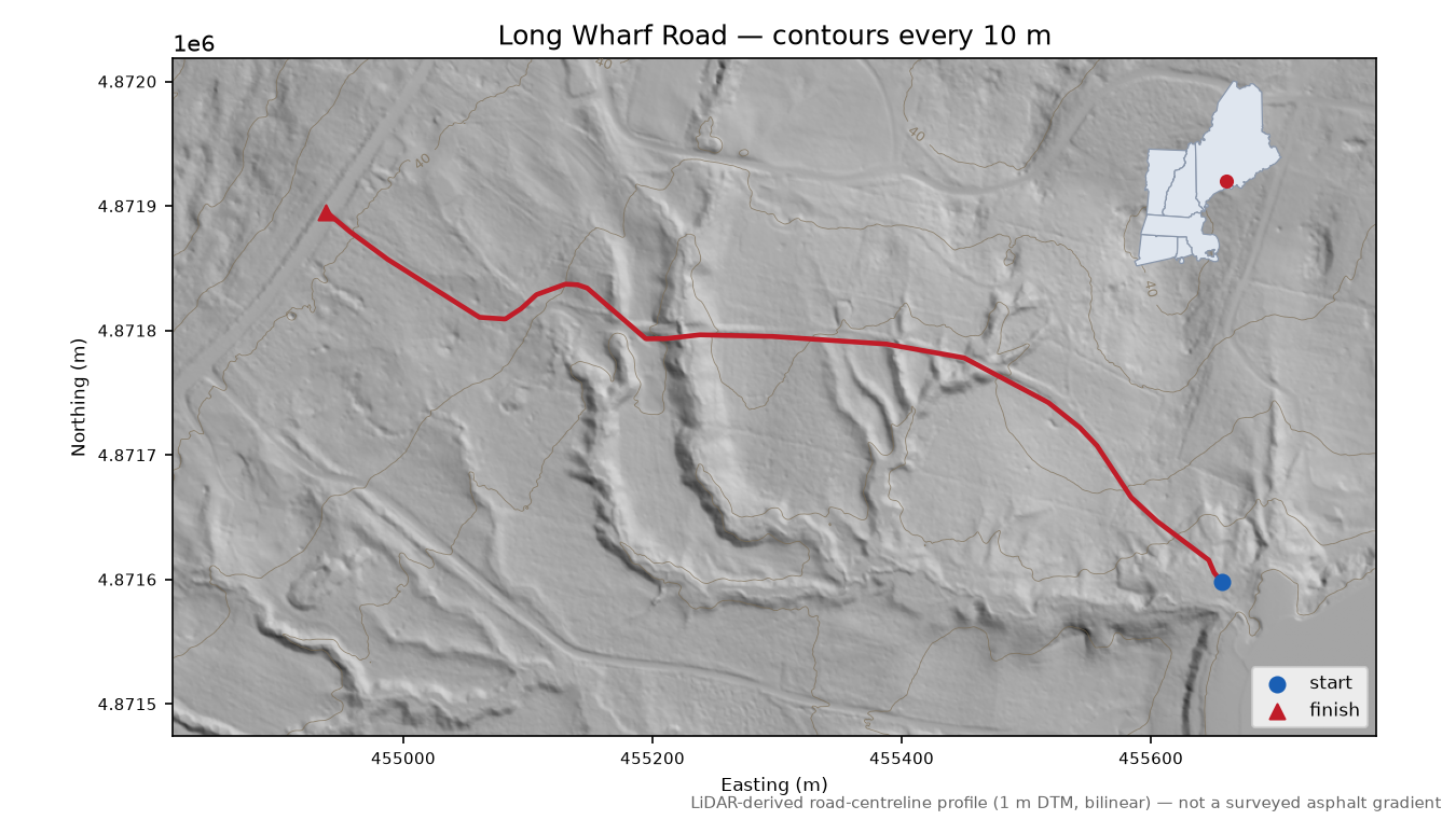 Long Wharf Road LiDAR hillshade map with contours