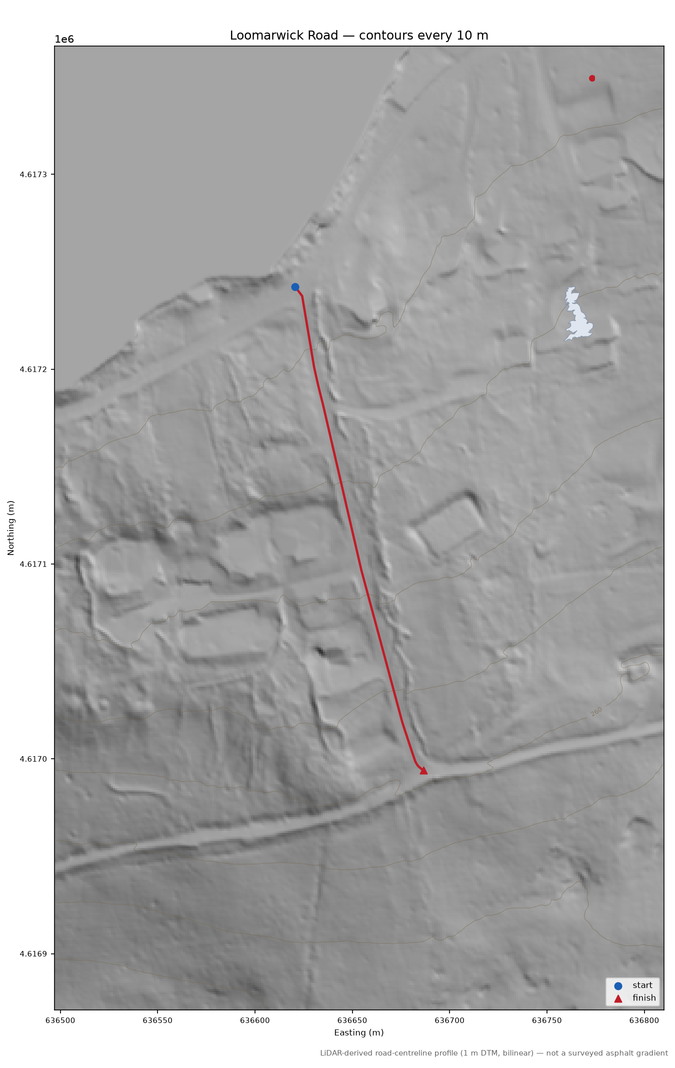 Loomarwick Road LiDAR hillshade map with contours
