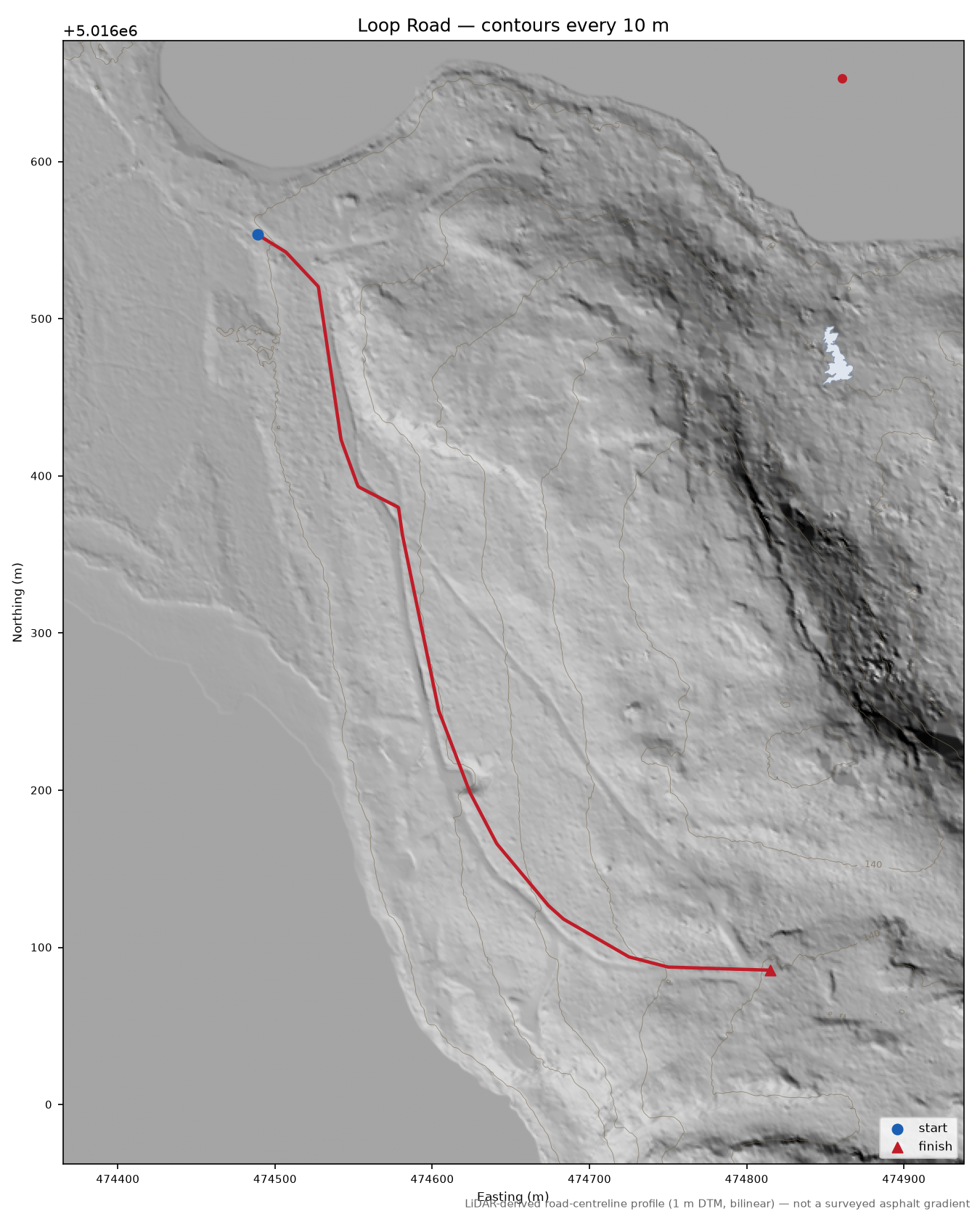 Loop Road LiDAR hillshade map with contours