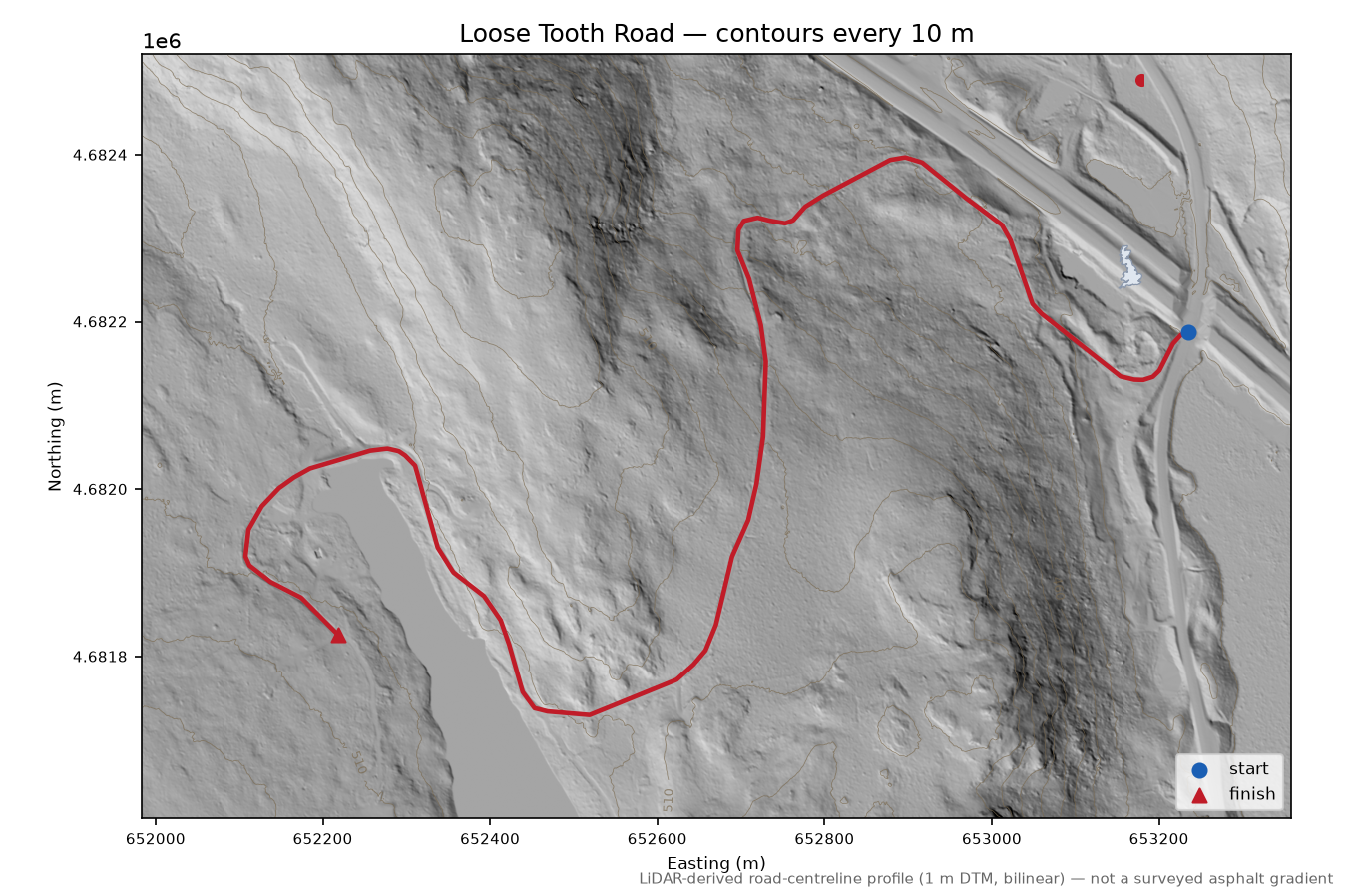 Loose Tooth Road LiDAR hillshade map with contours