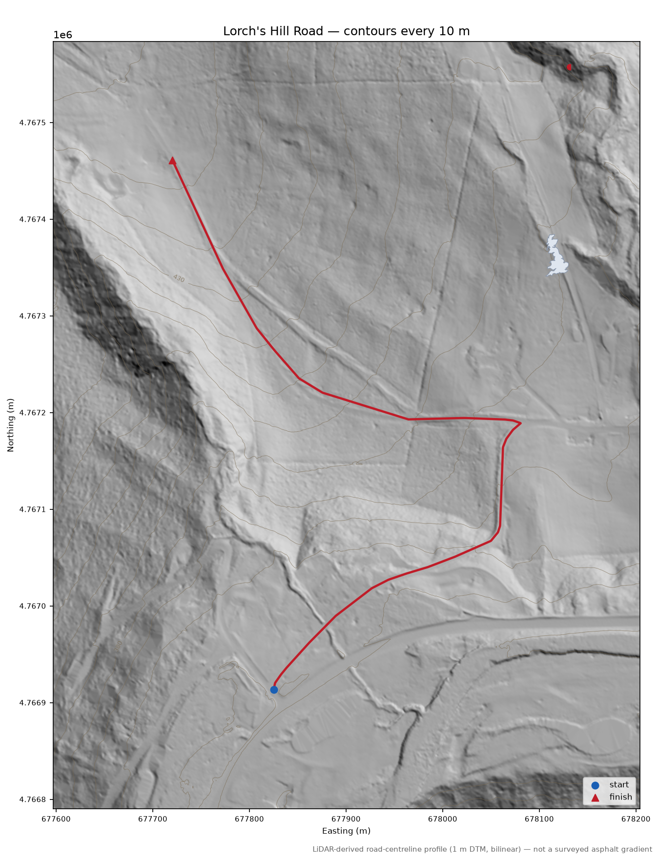 Lorch's Hill Road LiDAR hillshade map with contours