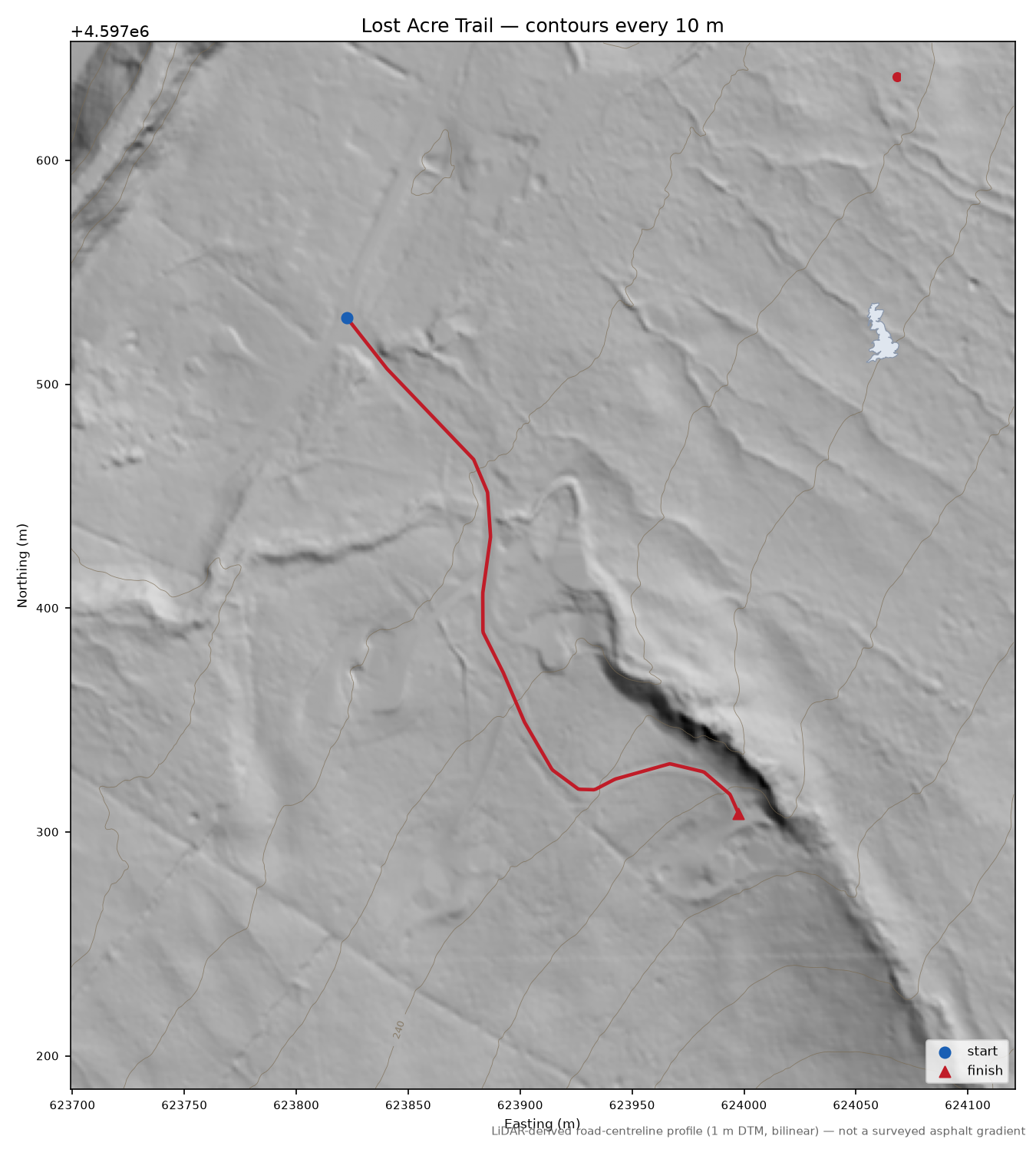 Lost Acre Trail LiDAR hillshade map with contours