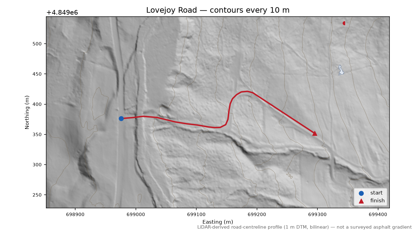 Lovejoy Road LiDAR hillshade map with contours