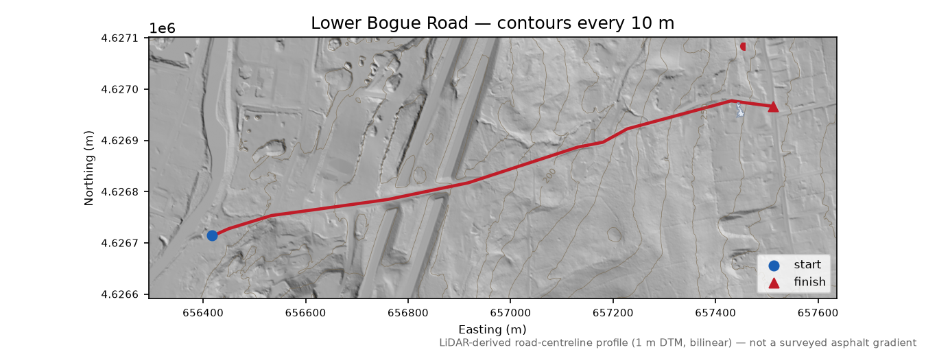 Lower Bogue Road LiDAR hillshade map with contours