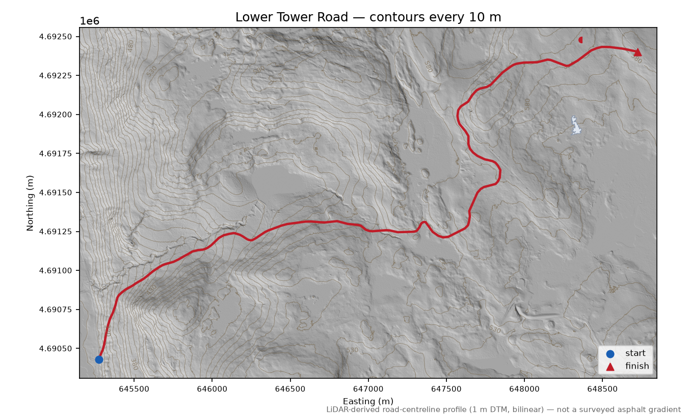 Lower Tower Road LiDAR hillshade map with contours